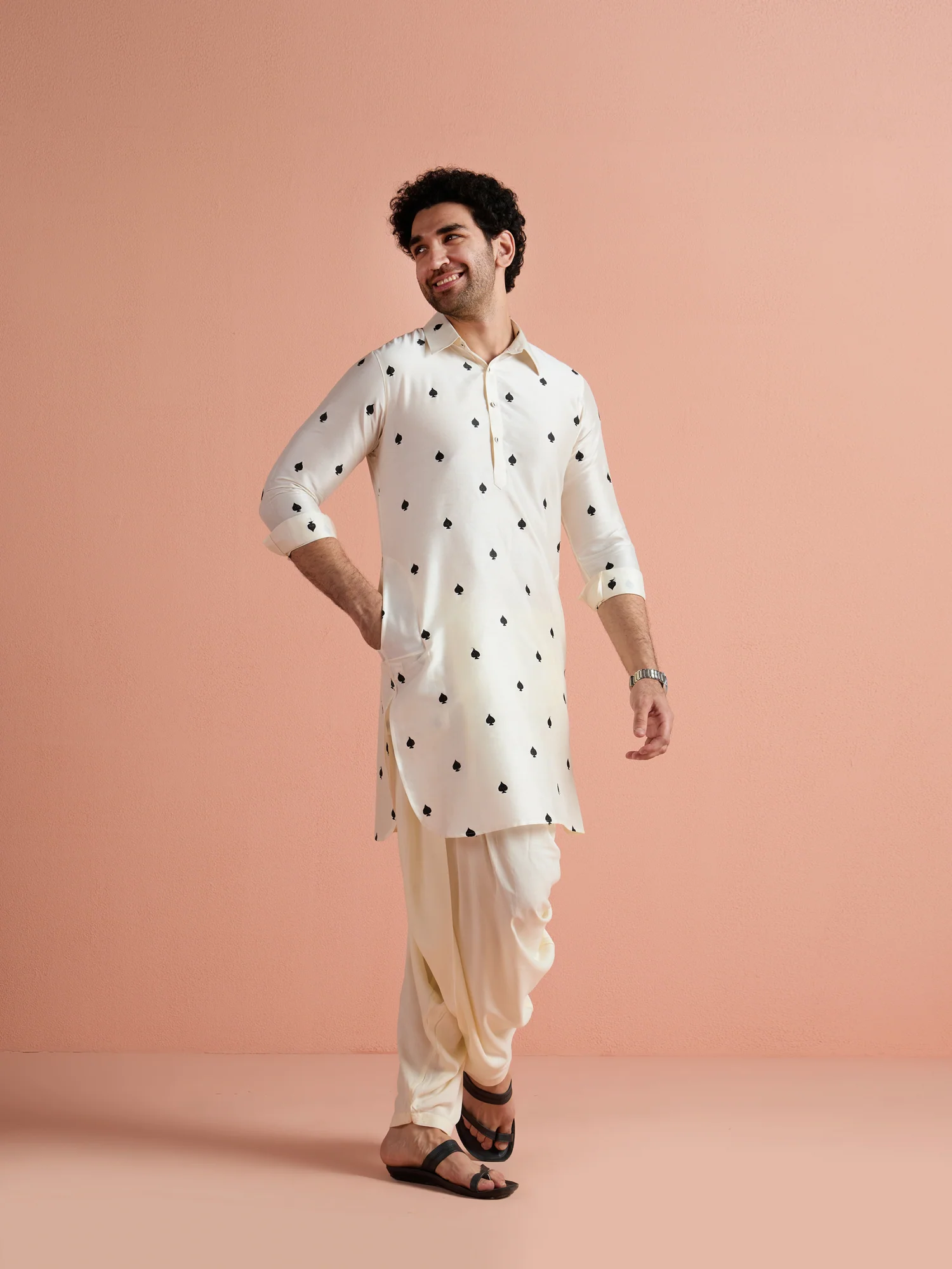 White Cotton Embroidered Pathani Kurta Patiyala Set - Image 3