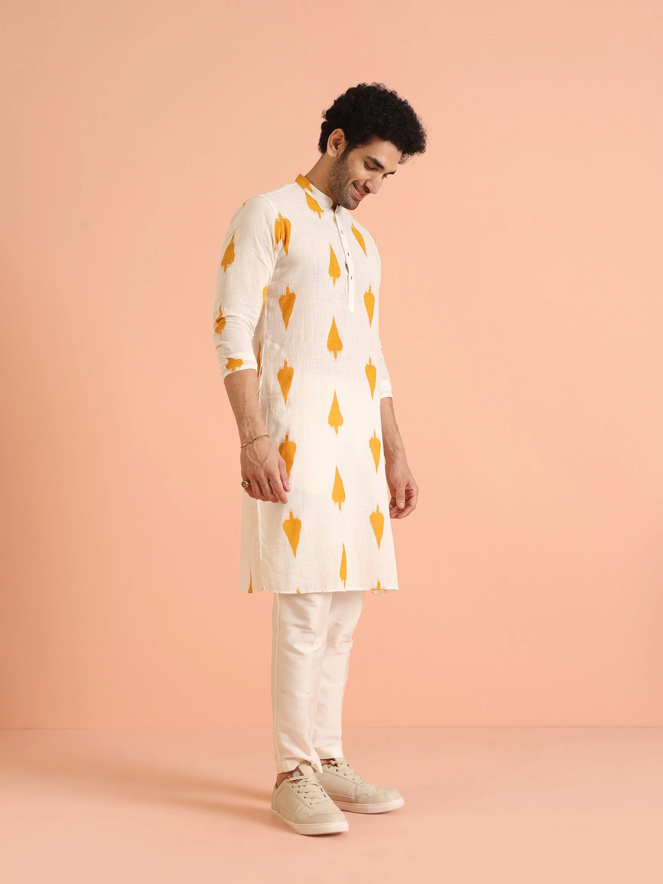 White Cotton Kurta Set with Mustard Ikat-Inspired Prints and Cream Trousers – Festive & Wedding Ensemble - Image 3