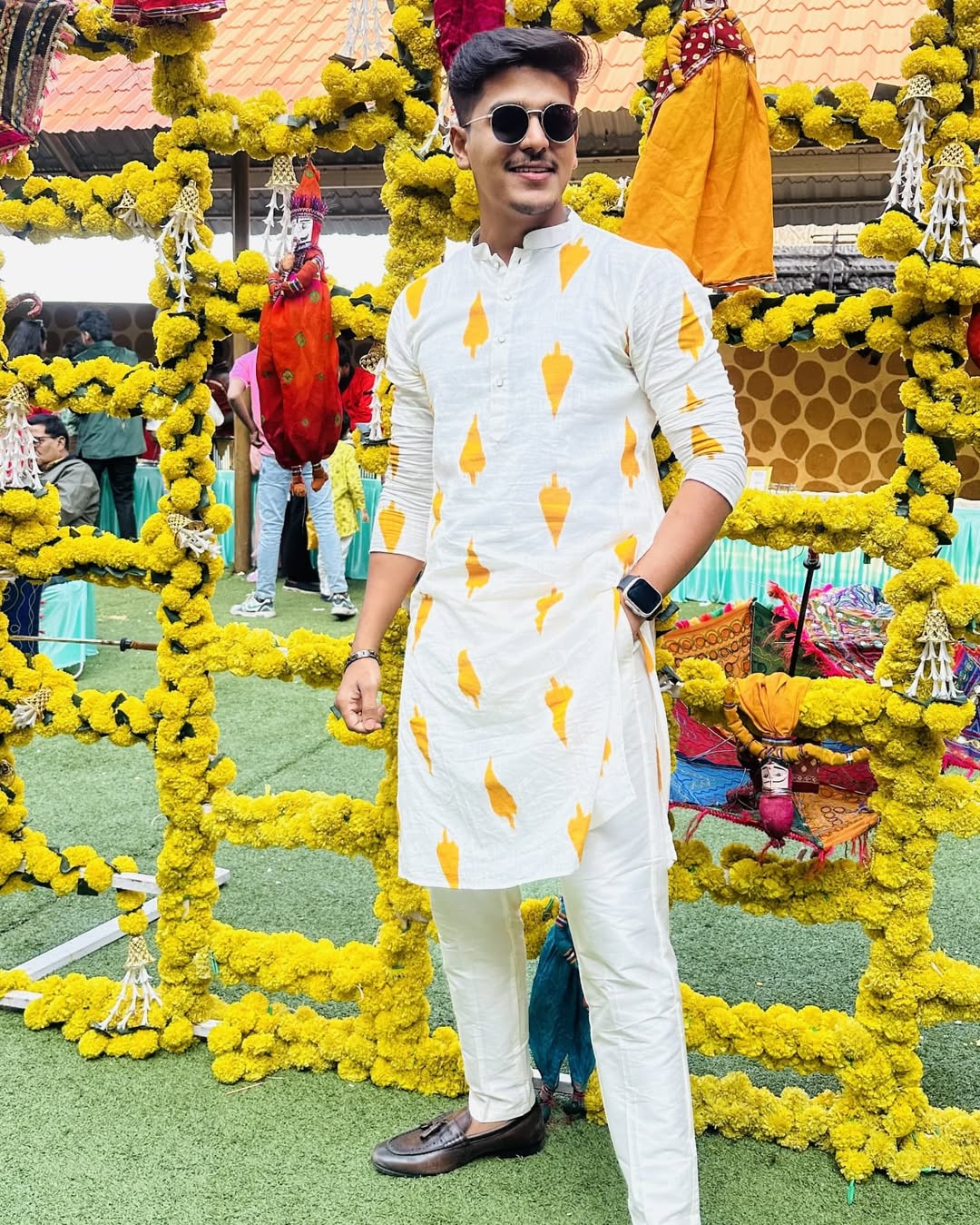 White Cotton Kurta Set with Mustard Ikat-Inspired Prints and Cream Trousers – Festive & Wedding Ensemble - Image 9