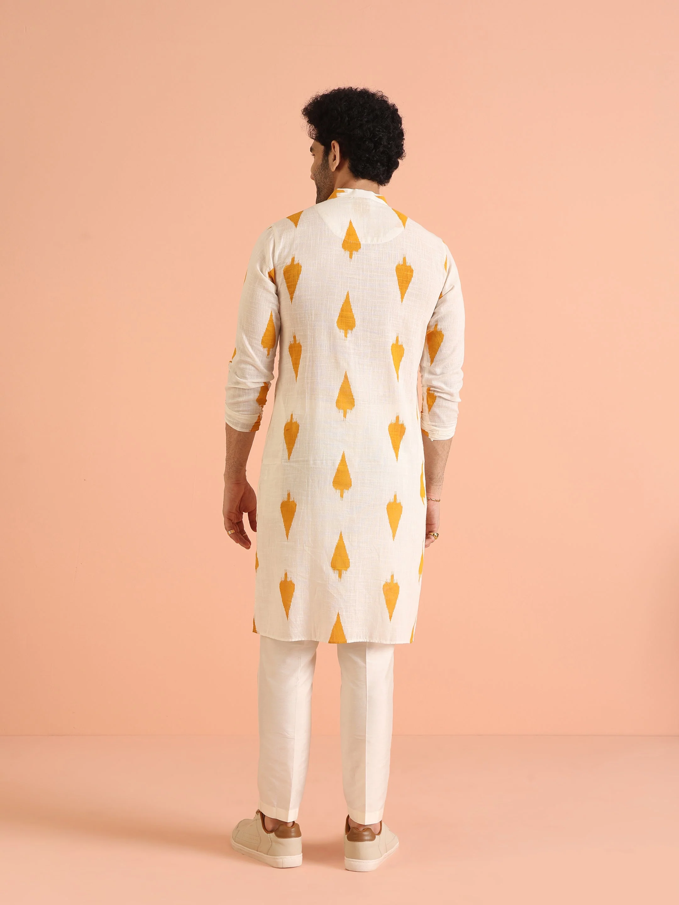 White Cotton Kurta with Mustard Ikat Prints - Image 6