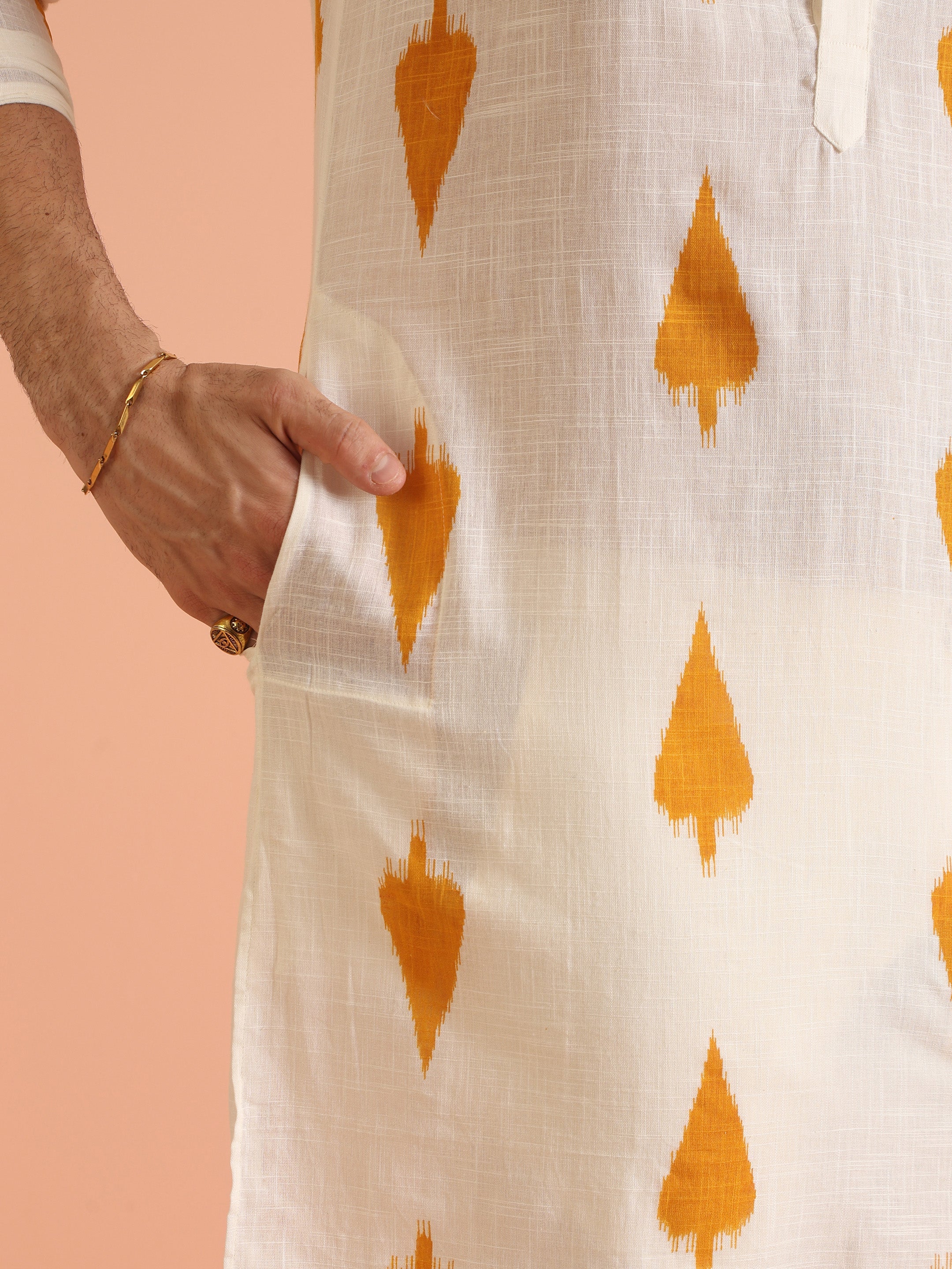 White Cotton Kurta with Mustard Ikat Prints - Image 7