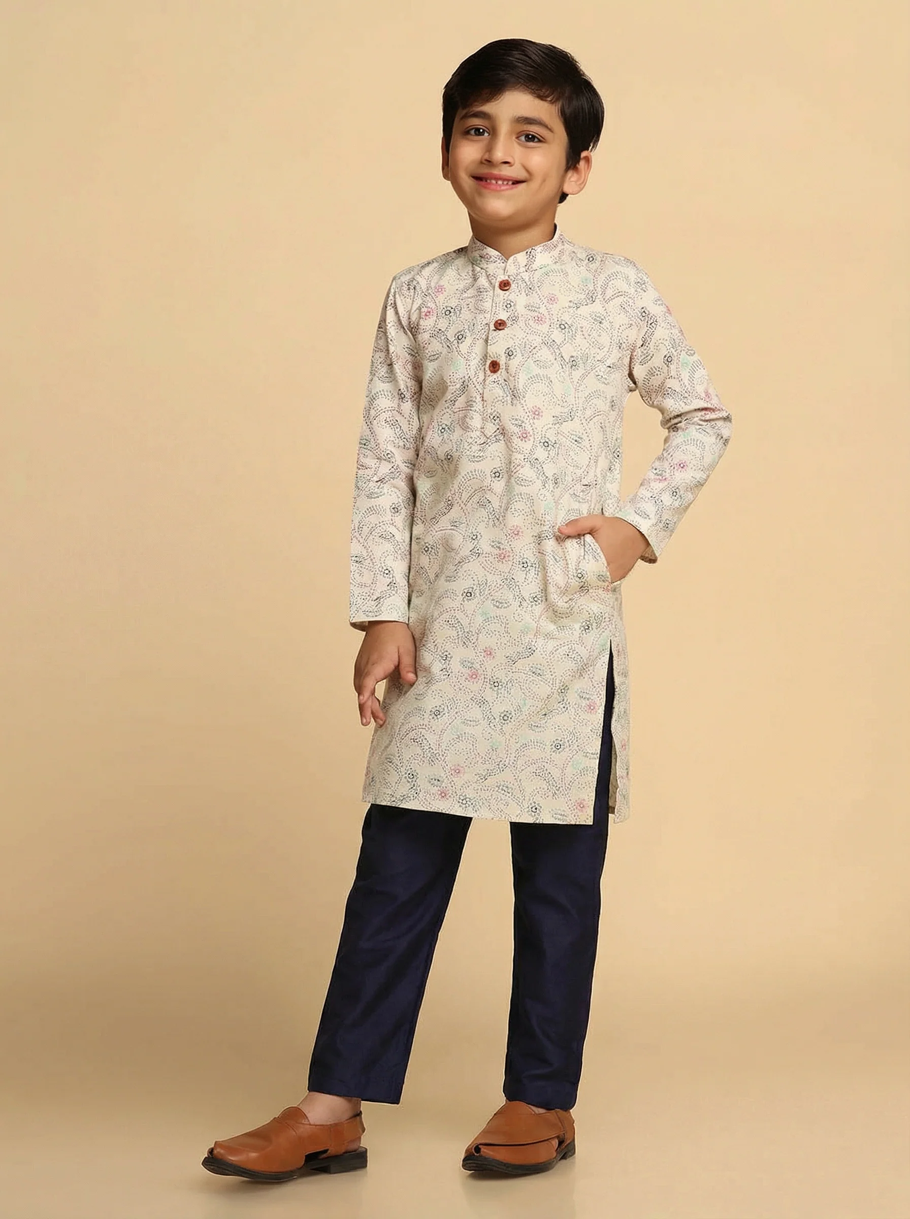 White Multicolor Cotton Blend Printed Kurta Pyjama Set - Image 3