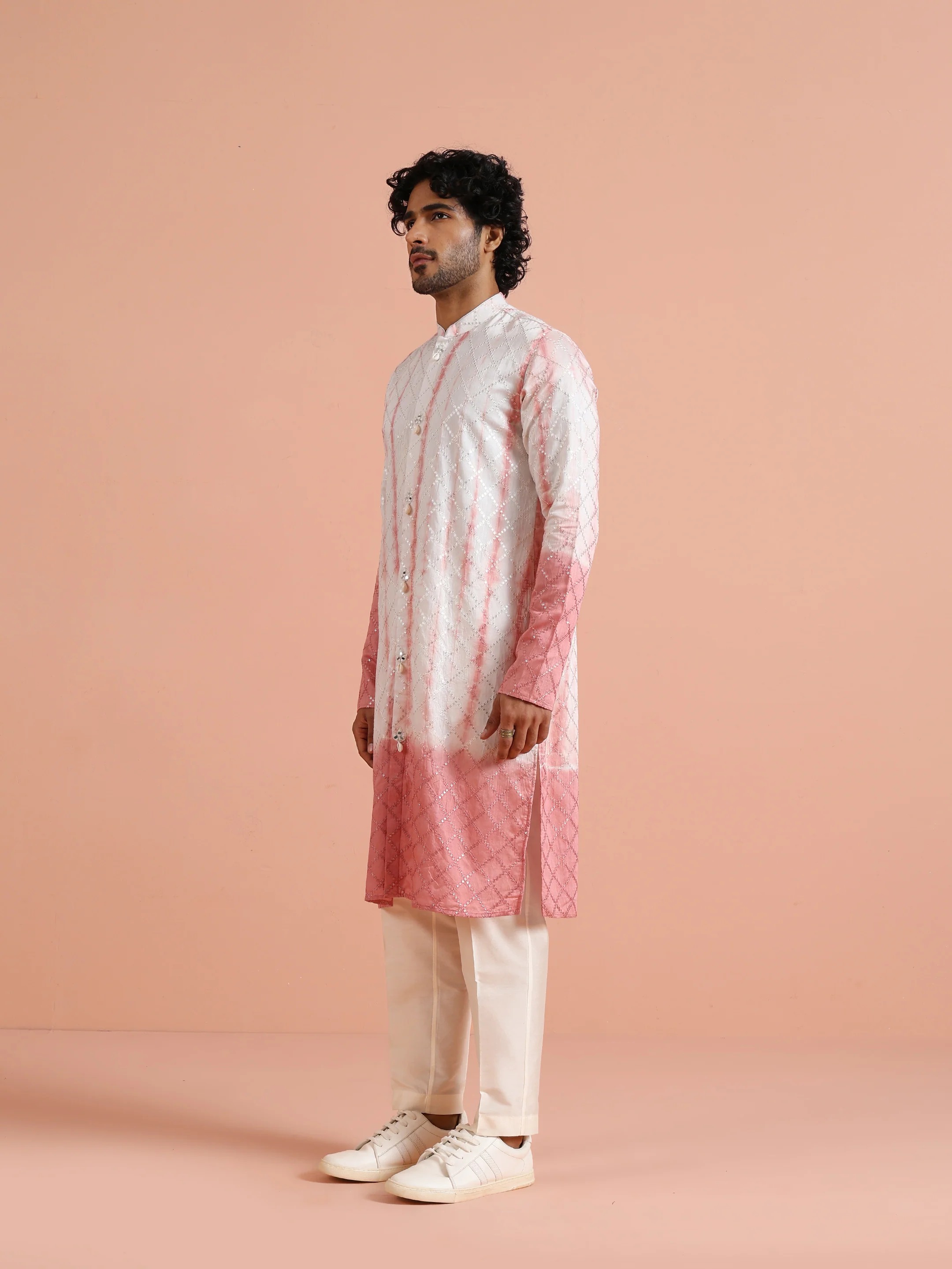 White Pink Chanderi Ombre Kurta Trouser Set - Image 2
