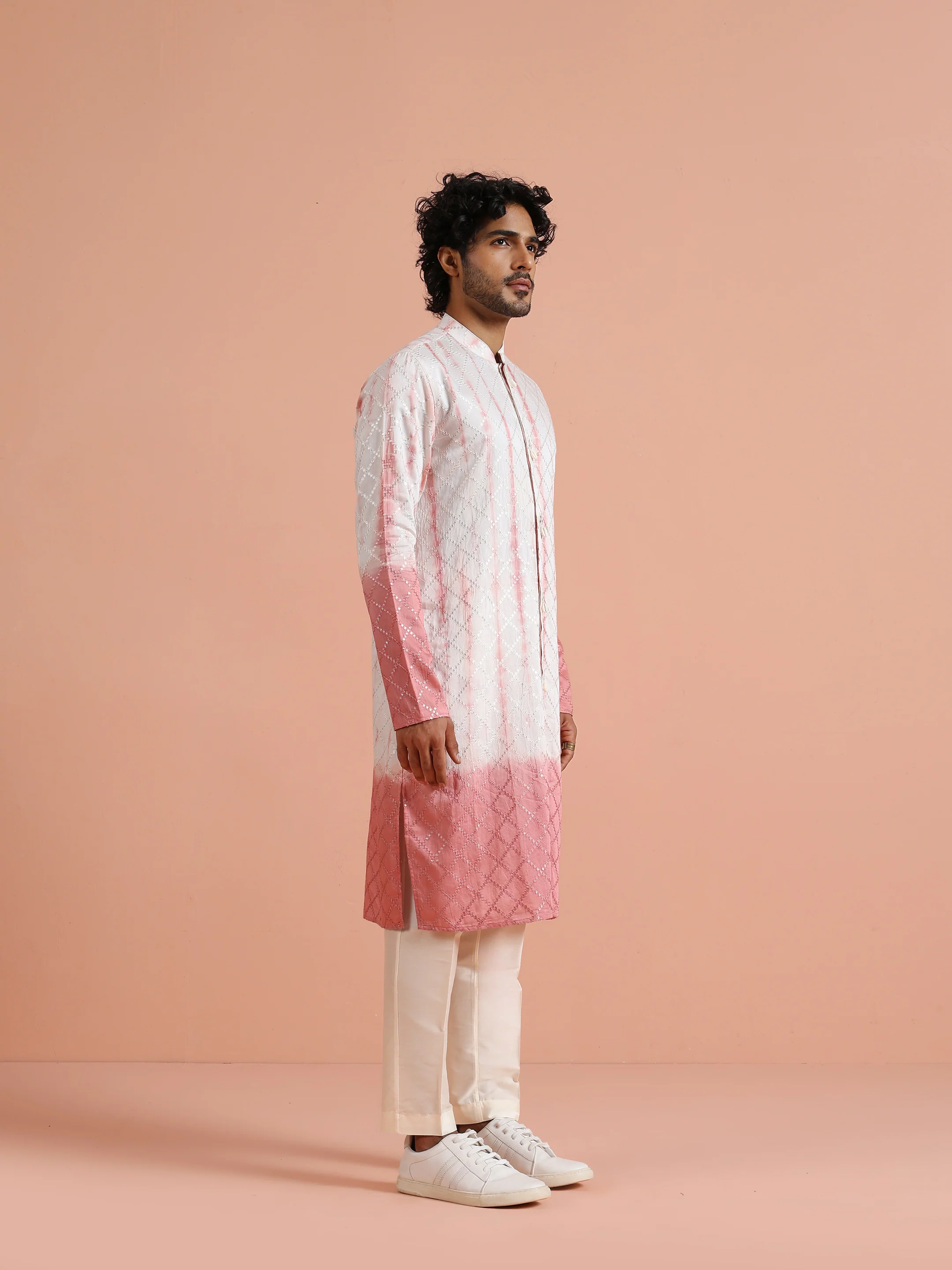 White Pink Chanderi Ombre Kurta Trouser Set - Image 3