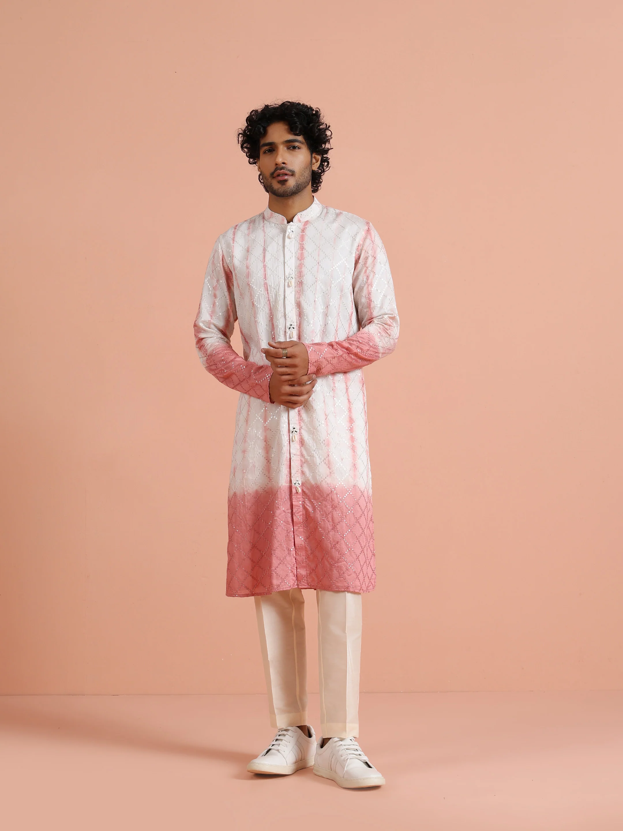 White Pink Chanderi Ombre Kurta Trouser Set - Image 7