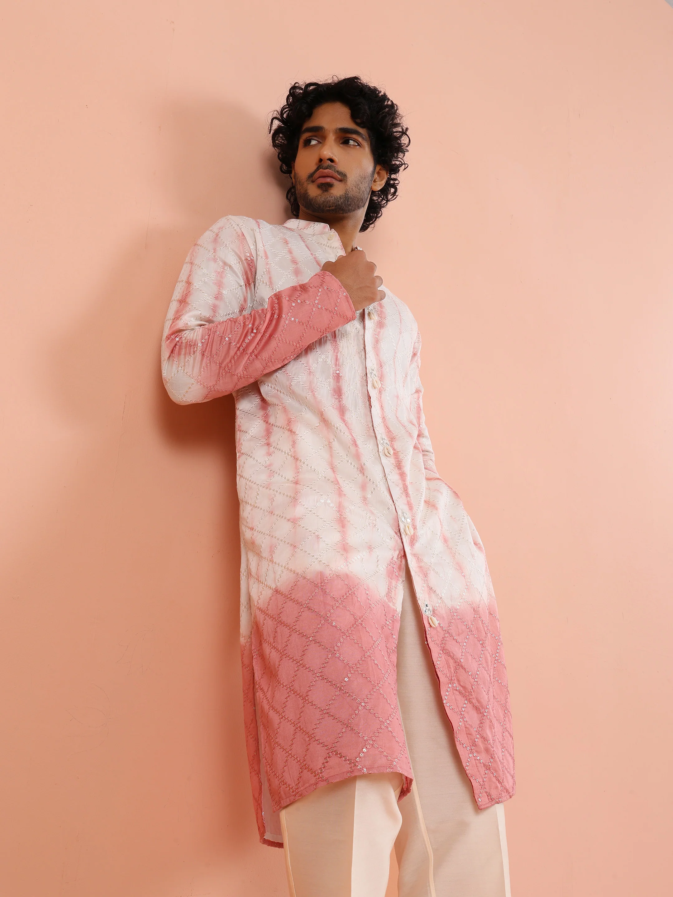 White Pink Chanderi Ombre Kurta Trouser Set - Image 9