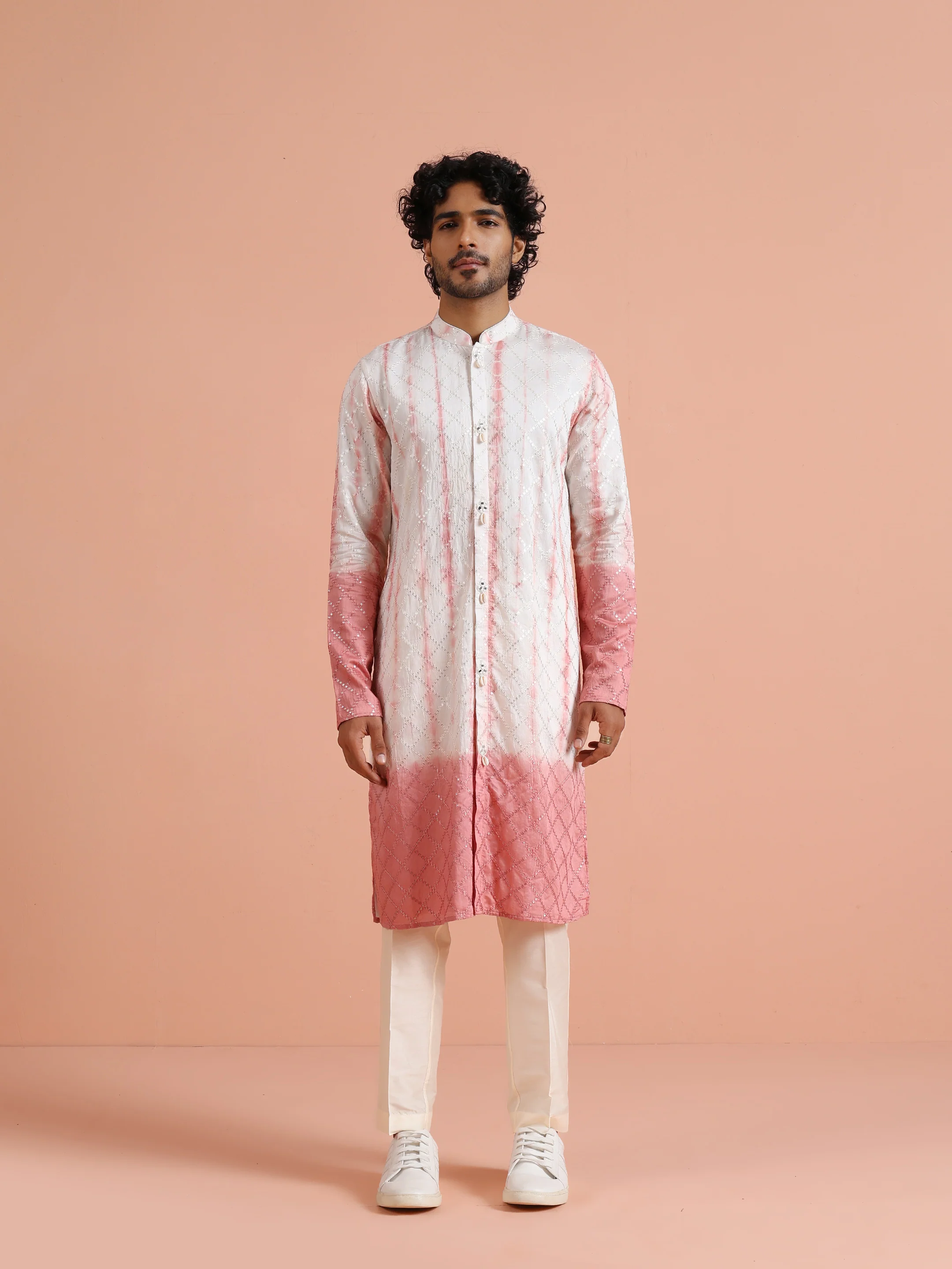 White & Pink Ombre Printed Kurta - Image 7