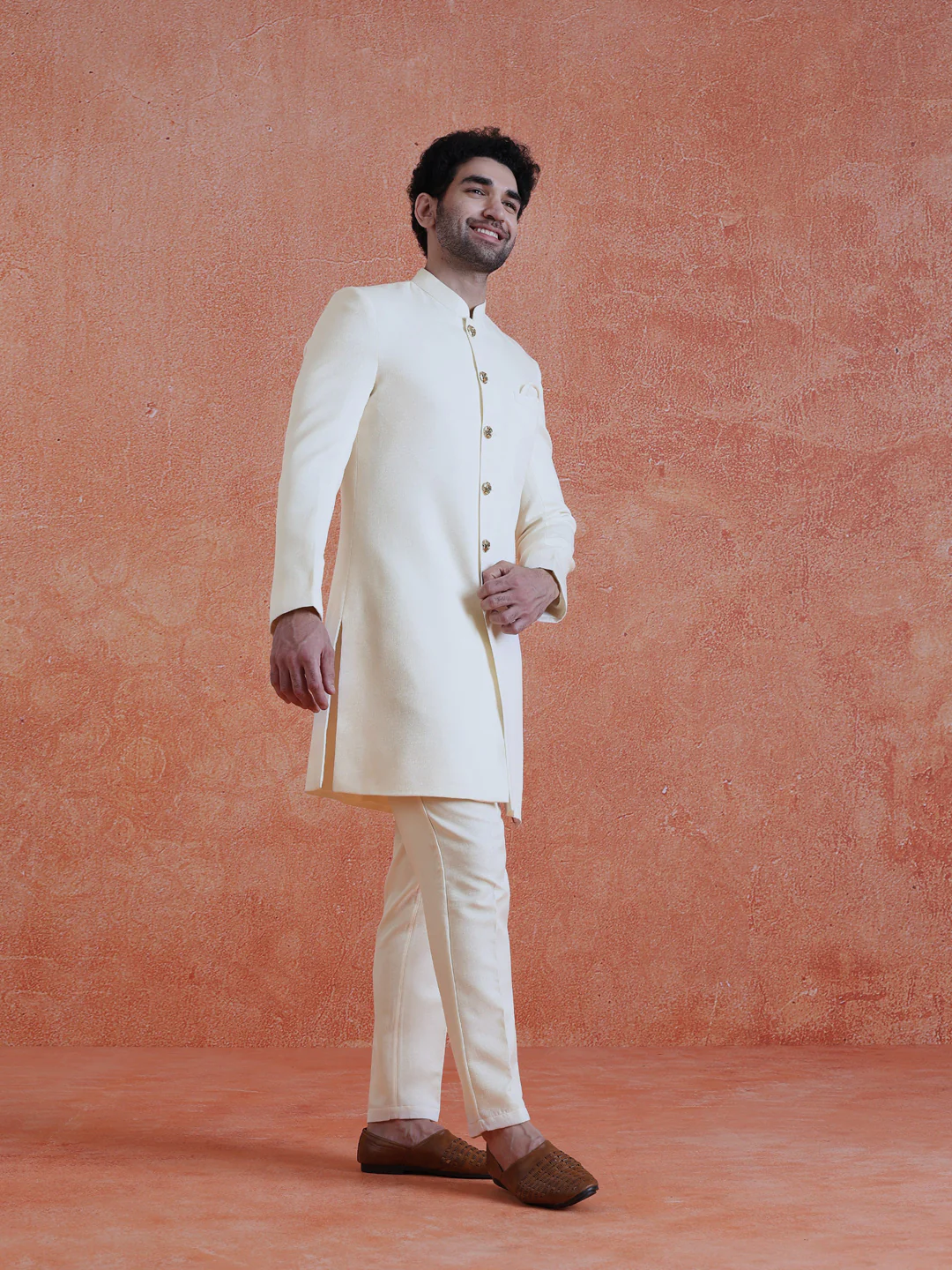 White Polyviscose Solid Sherwani Trouser Set - Image 3