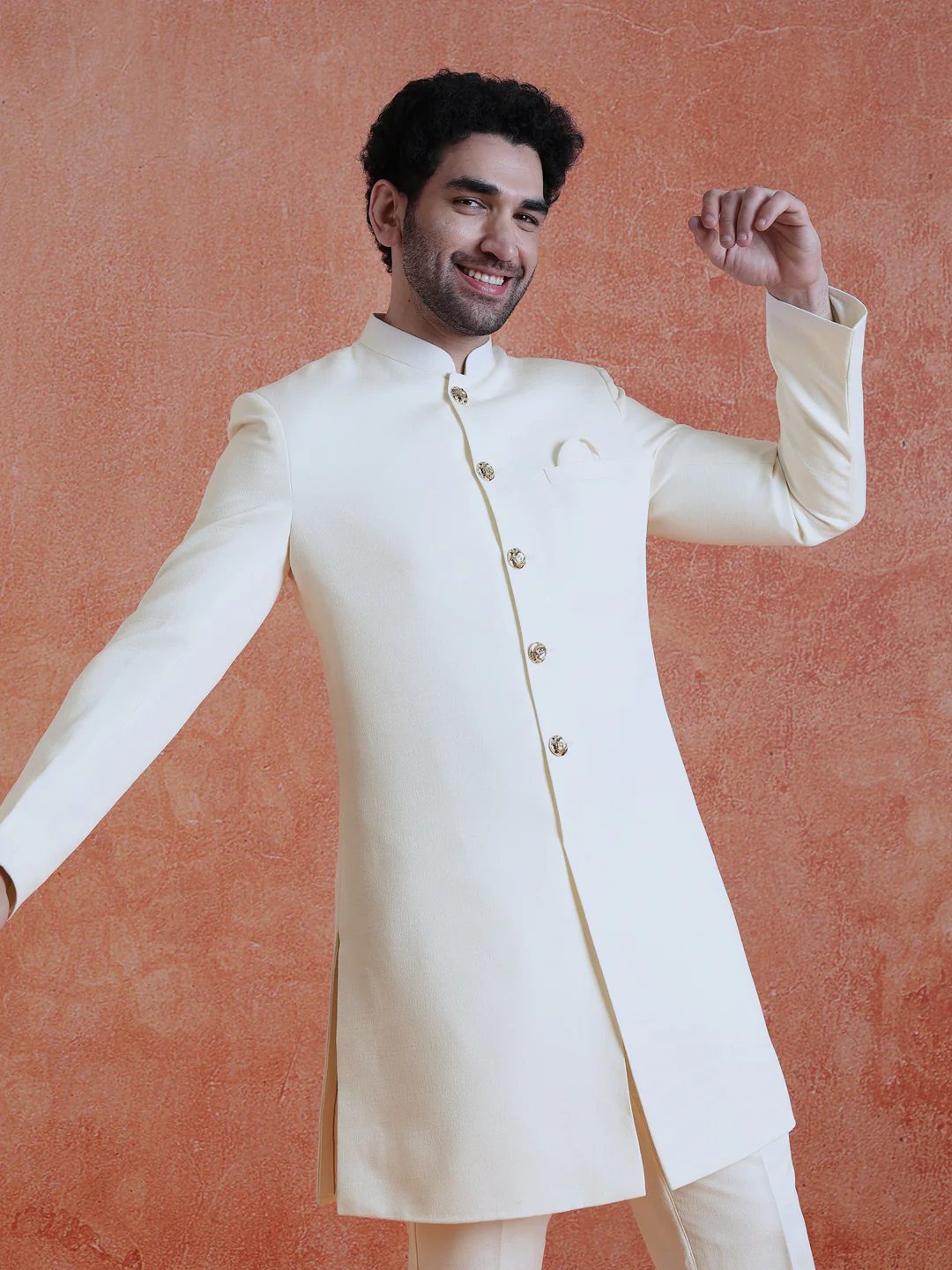 White Polyviscose Solid Sherwani Trouser Set - Image 9