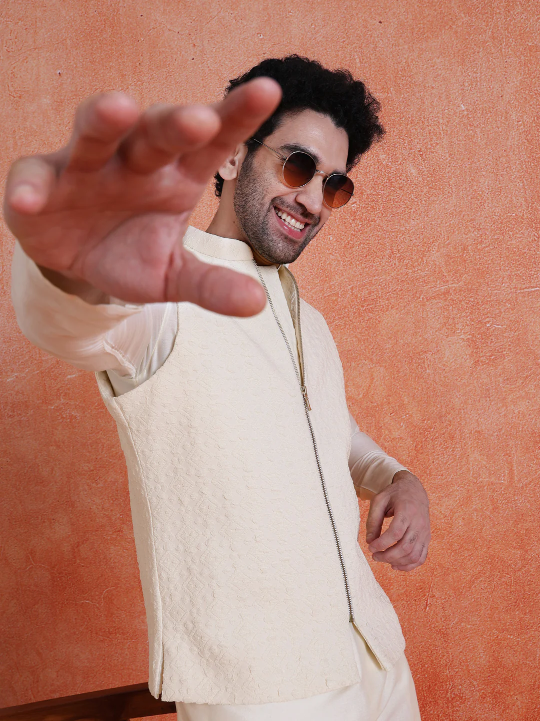 White Silk Blend Jacquard Mid Kurta Jacket With Zip Trouser Set - Image 10