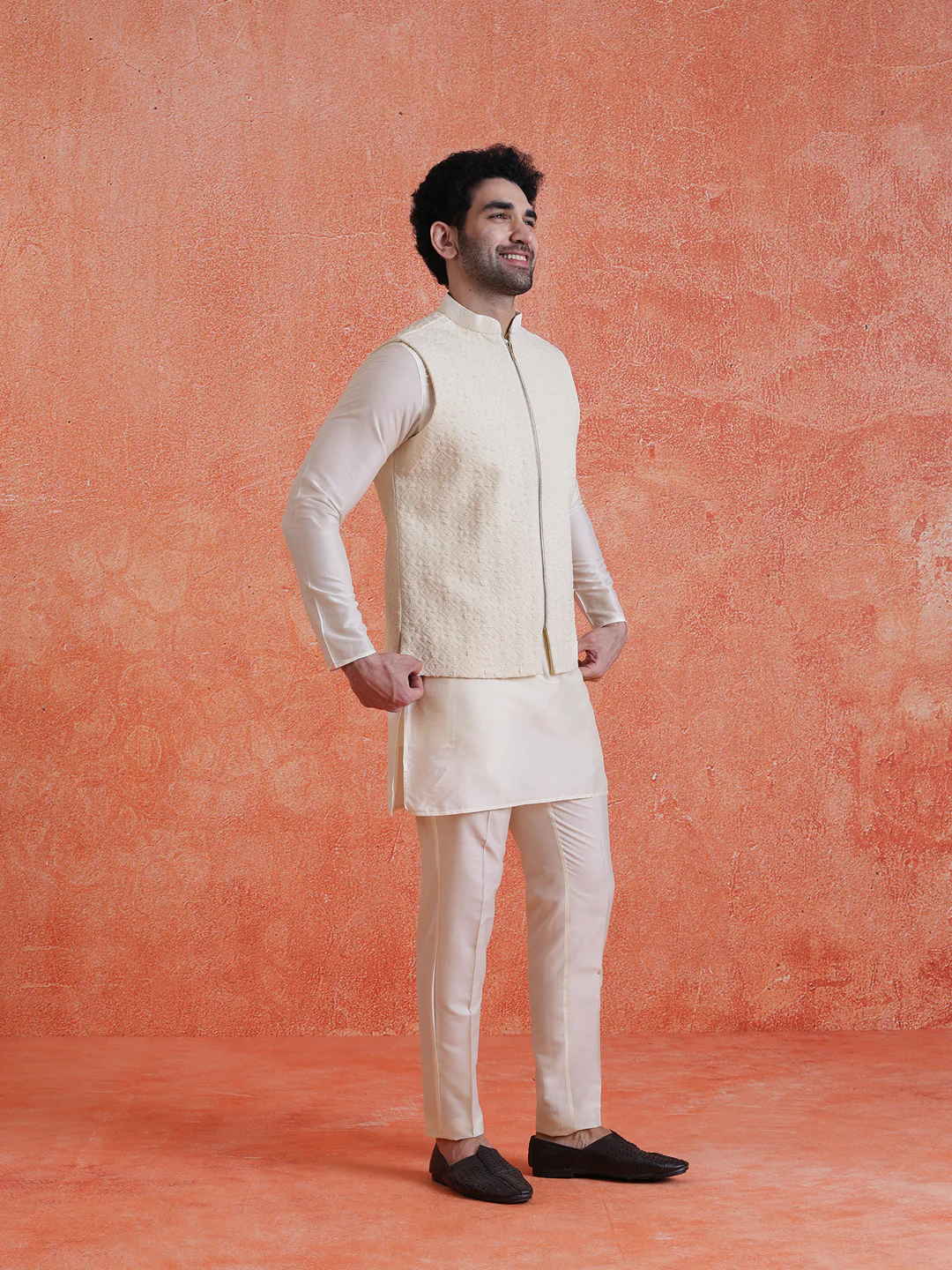 White Silk Blend Jacquard Mid Kurta Jacket With Zip Trouser Set - Image 3