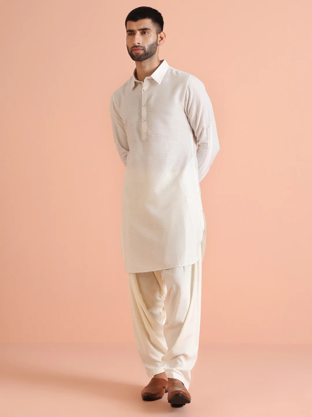 White Silk Blend Jacquard Pathani Kurta Patiyala Set - Image 2