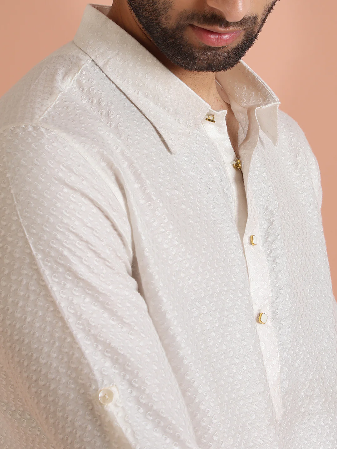 White Silk Blend Jacquard Pathani Kurta Patiyala Set - Image 5