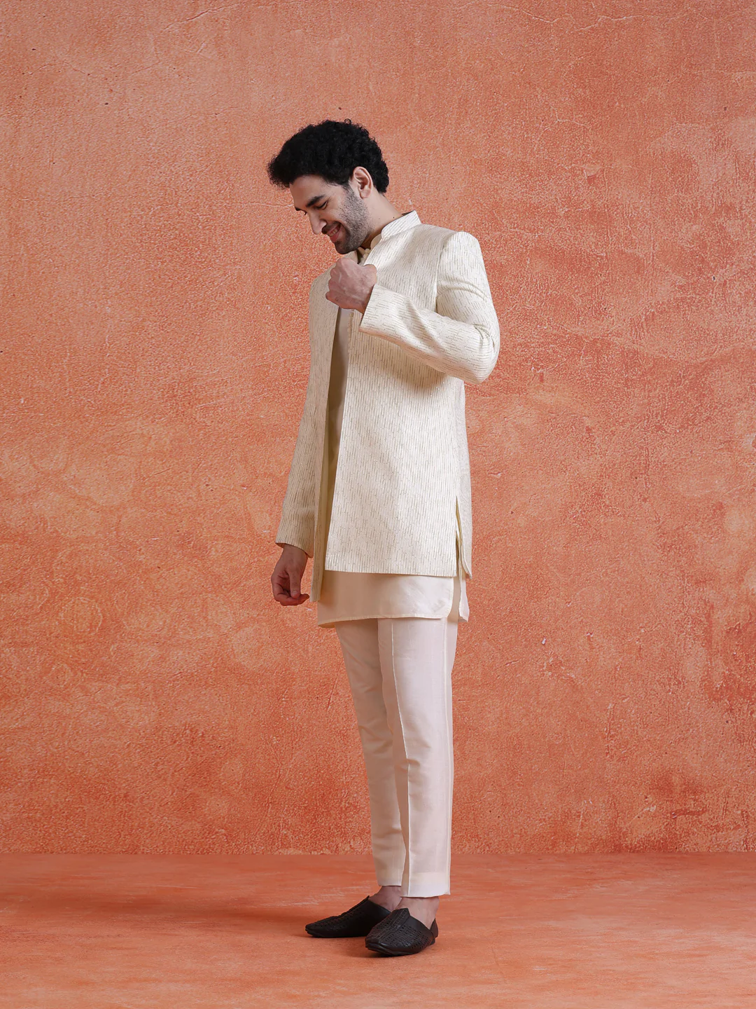 White Silk Blend Jacquard Short Sherwani Trouser Set - Image 2