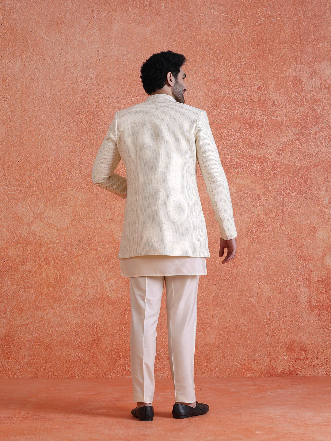 White Silk Blend Jacquard Short Sherwani Trouser Set - Image 4