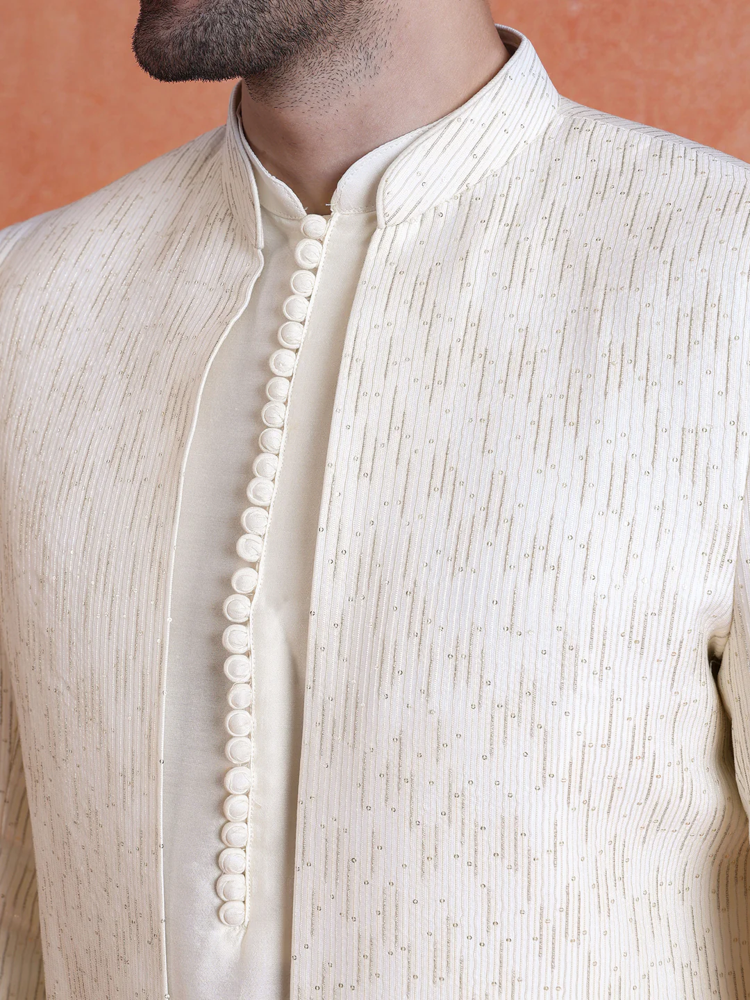White Silk Blend Jacquard Short Sherwani Trouser Set - Image 5