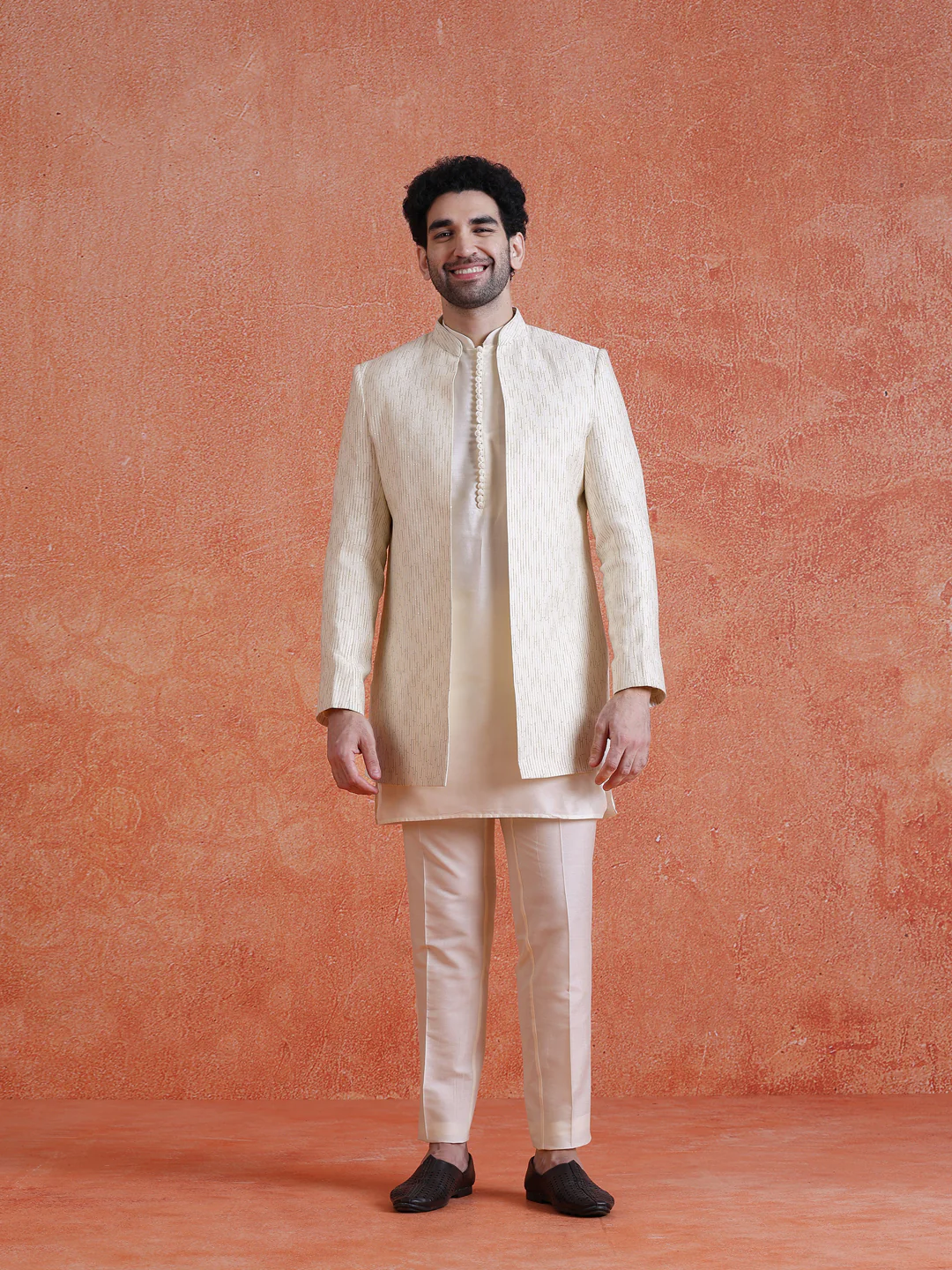 White Silk Blend Jacquard Short Sherwani Trouser Set - Image 7