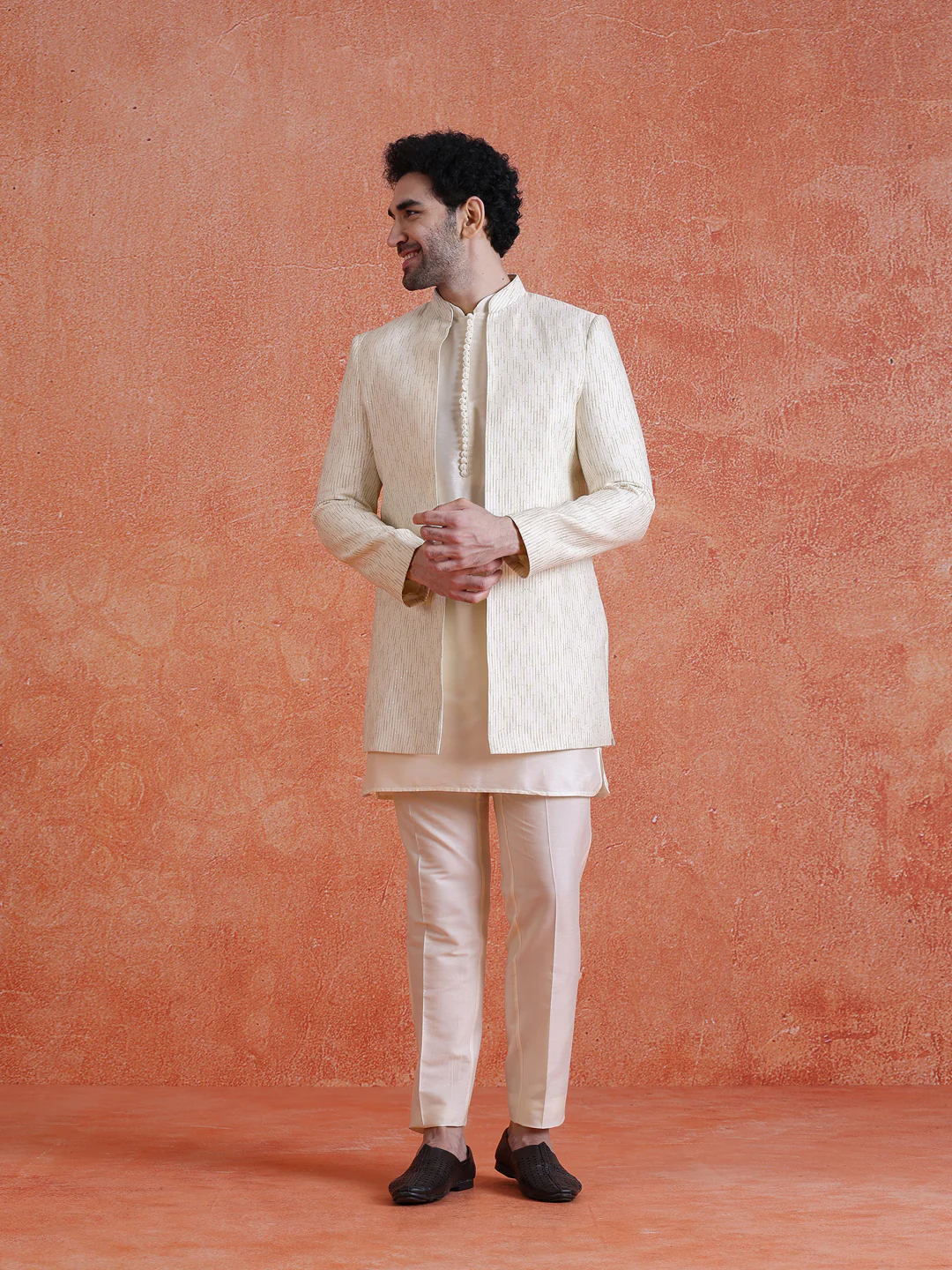 White Silk Blend Jacquard Short Sherwani Trouser Set - Image 8