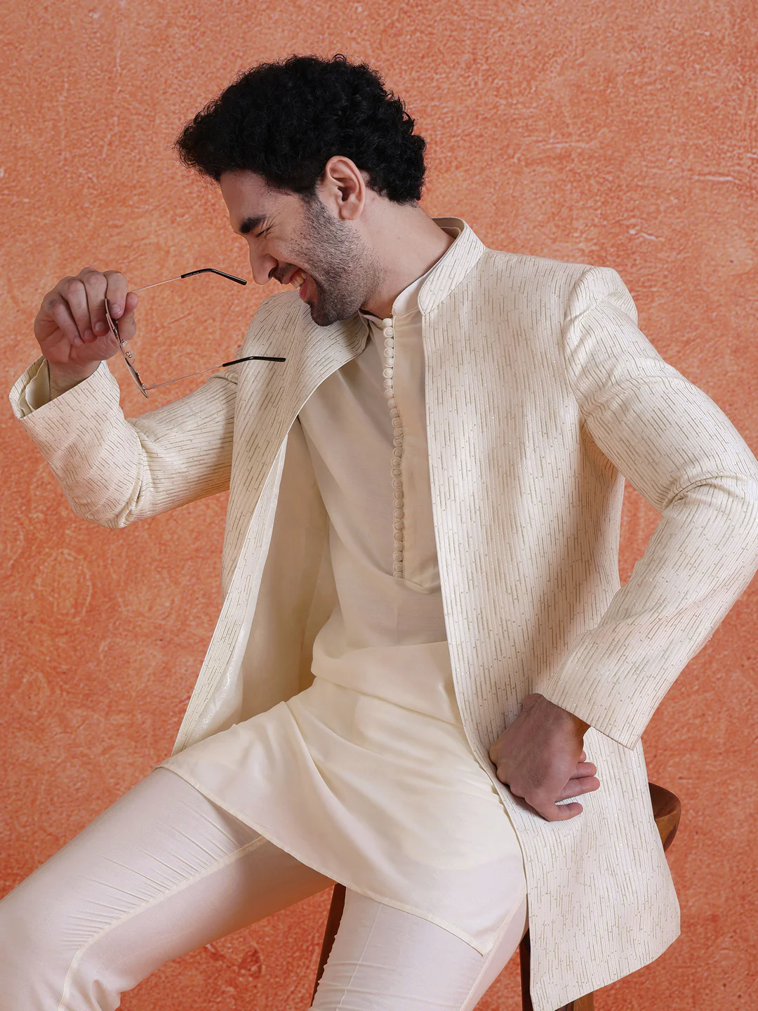 White Silk Blend Jacquard Short Sherwani Trouser Set - Image 9