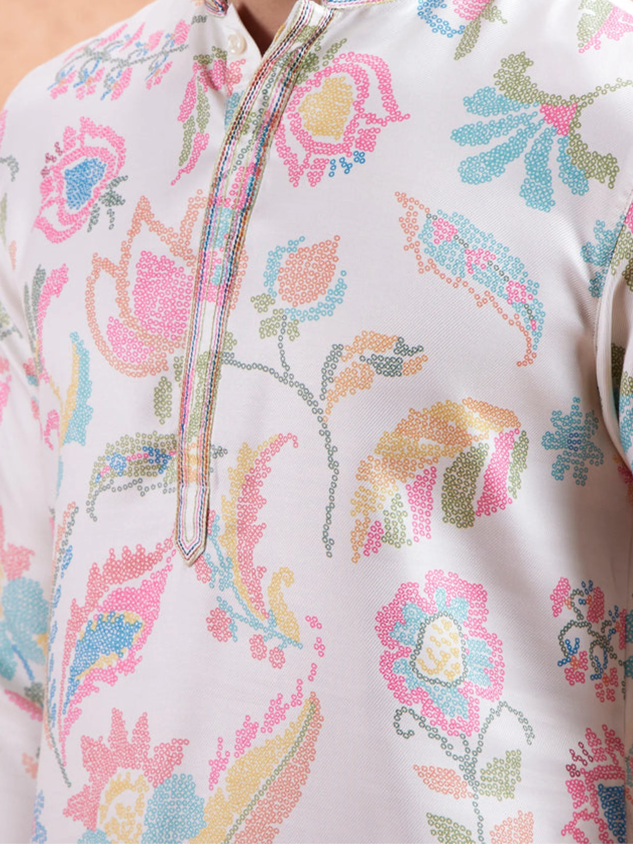White Silk Blend Kurta with Multicolor Floral Prints and Mandarin Collar - Image 3