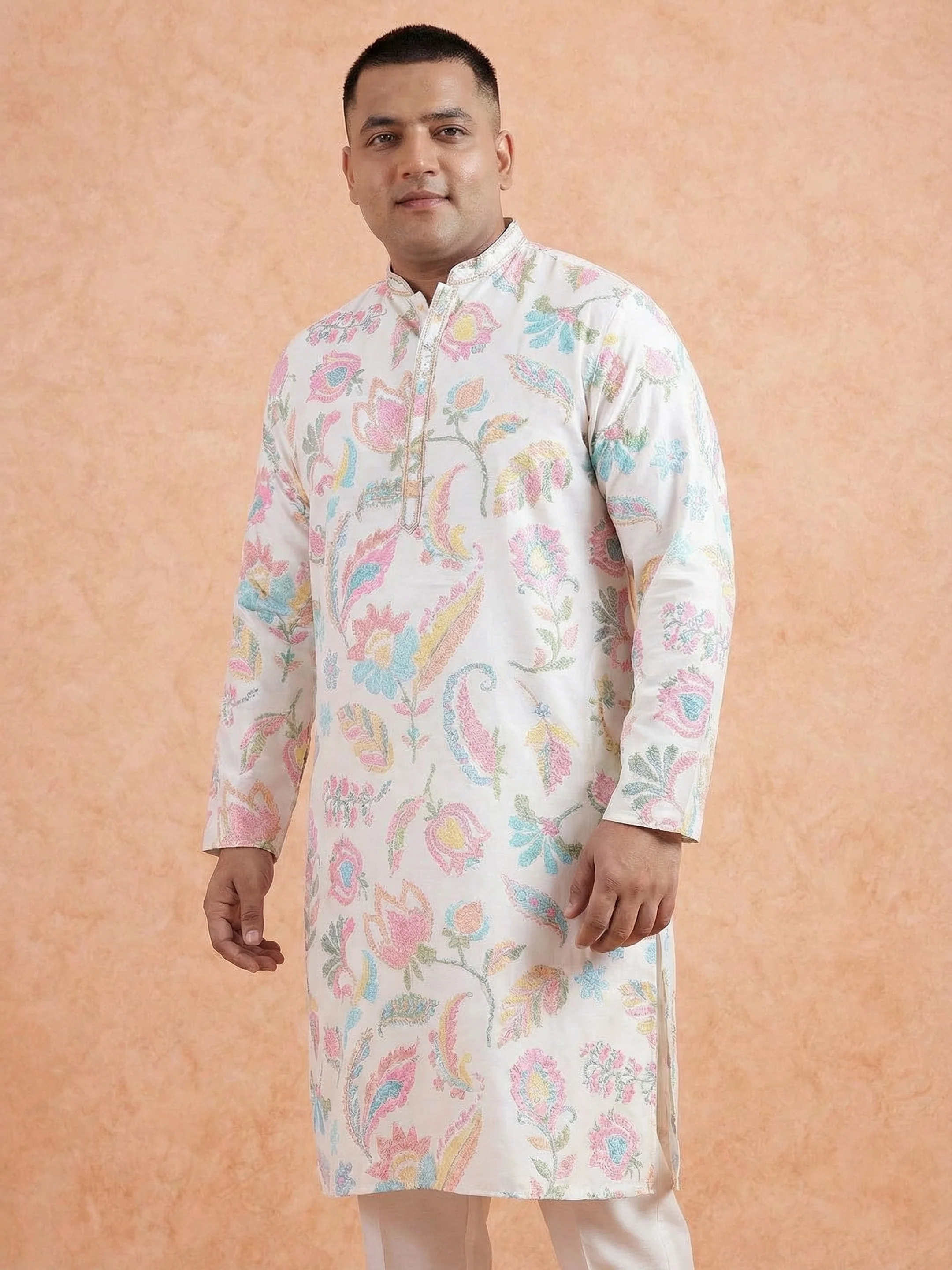 White Silk Blend Kurta with Multicolor Floral Prints and Mandarin Collar - Image 4