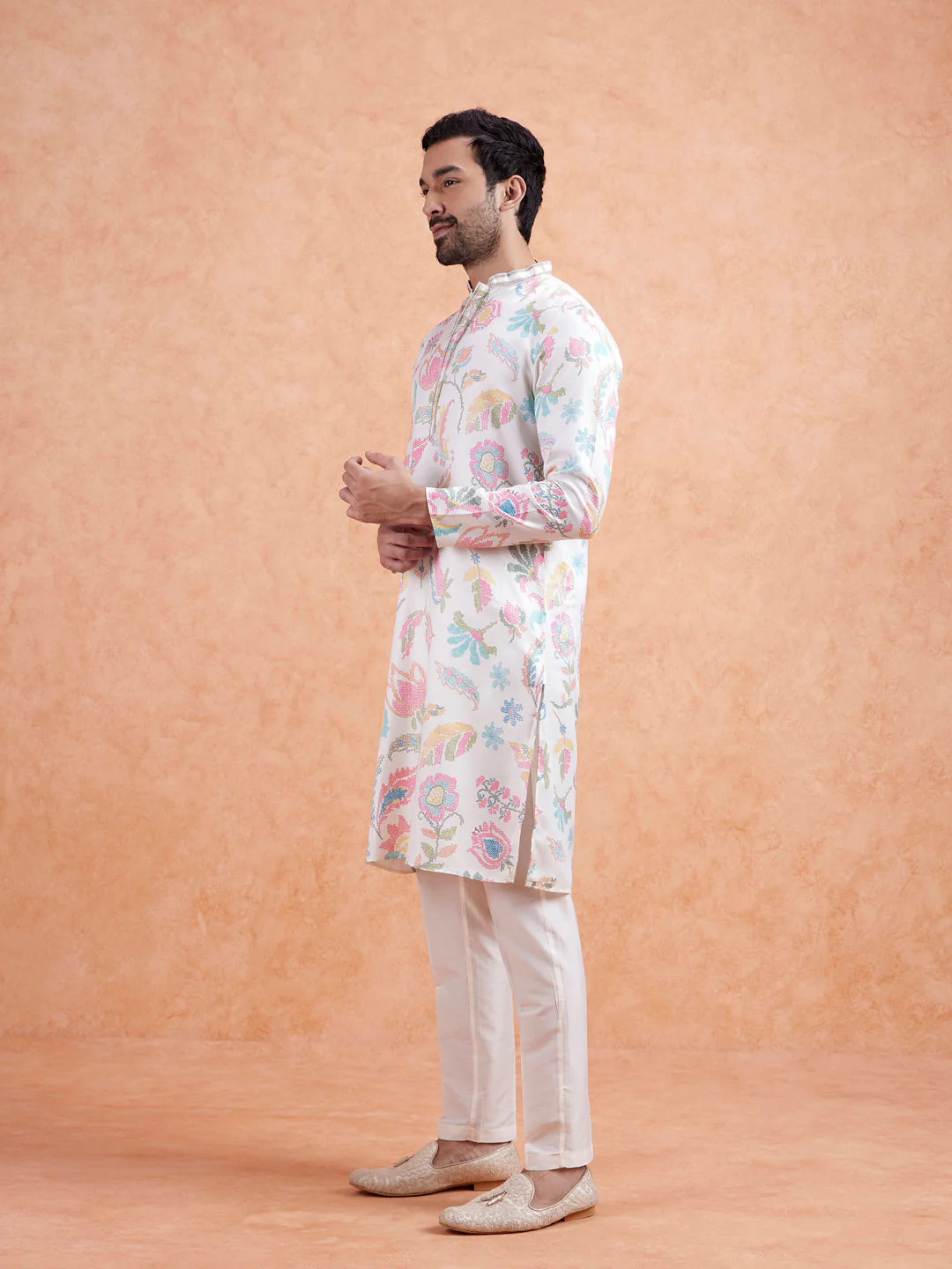 White Silk Blend Multi-Color Printed Kurta Set - Image 5