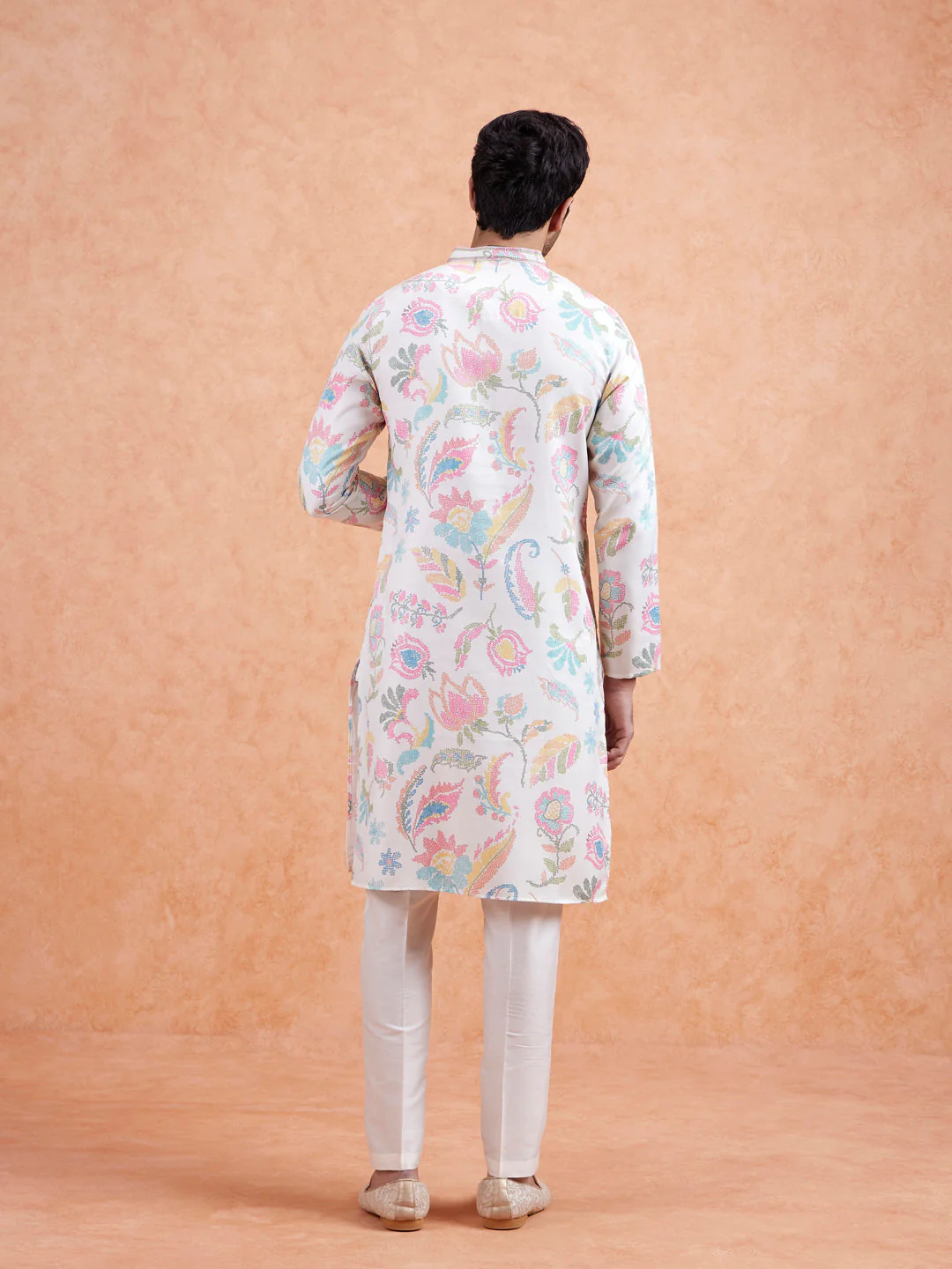 White Silk Blend Multi-Color Printed Kurta Set - Image 6