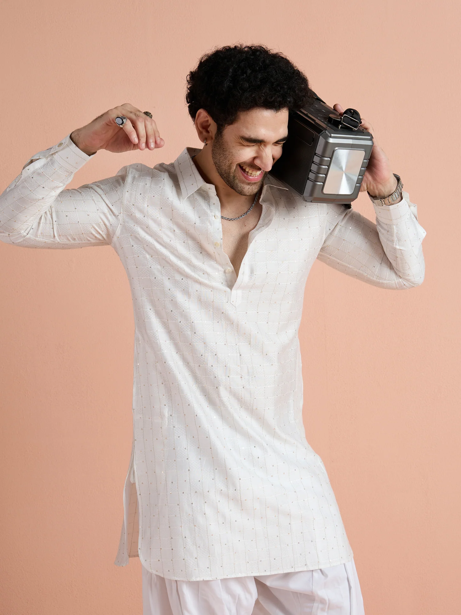White Viscose Embellished Pathani Kurta - Image 2