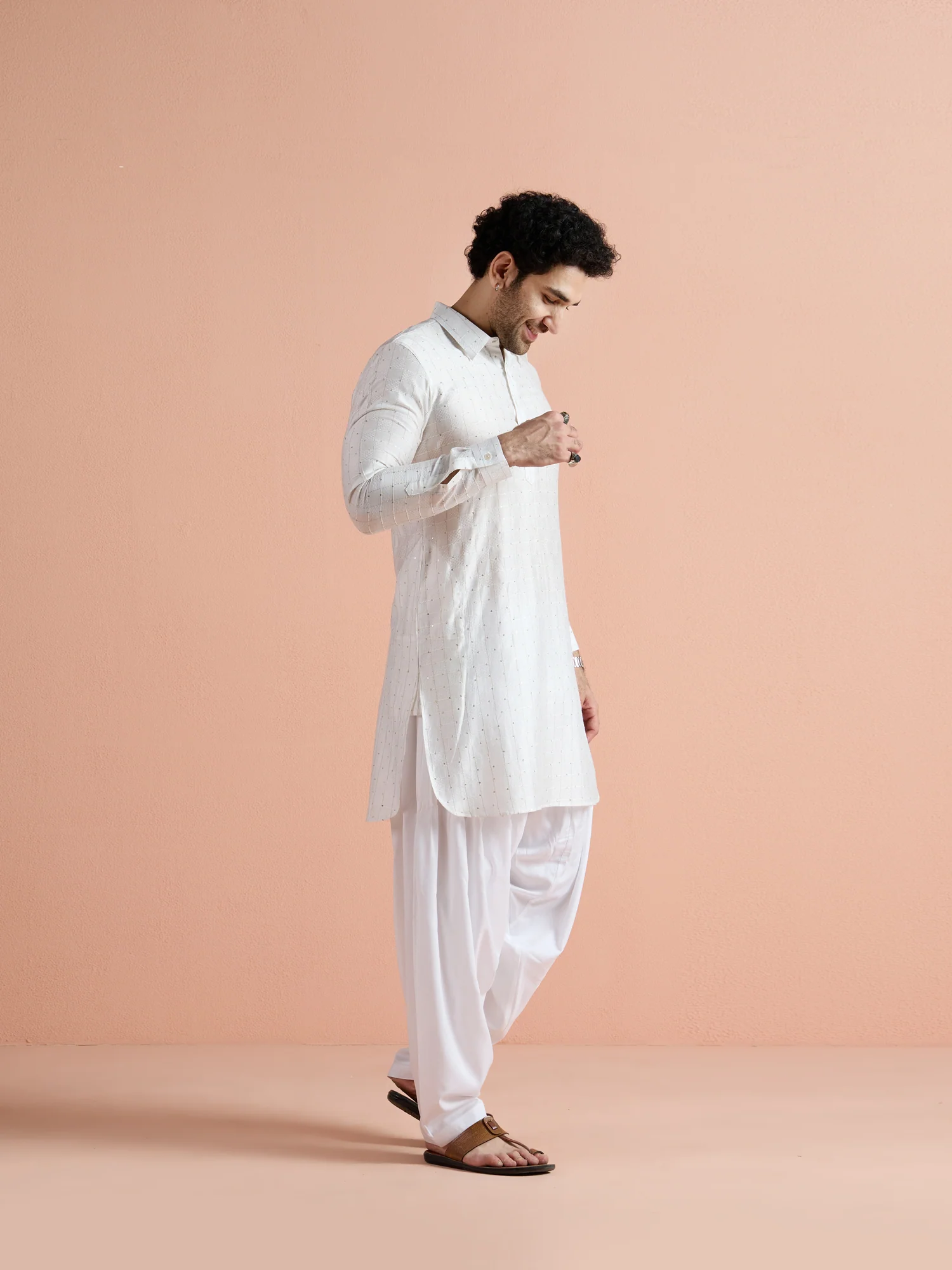 White Viscose Embellished Pathani Kurta - Image 3