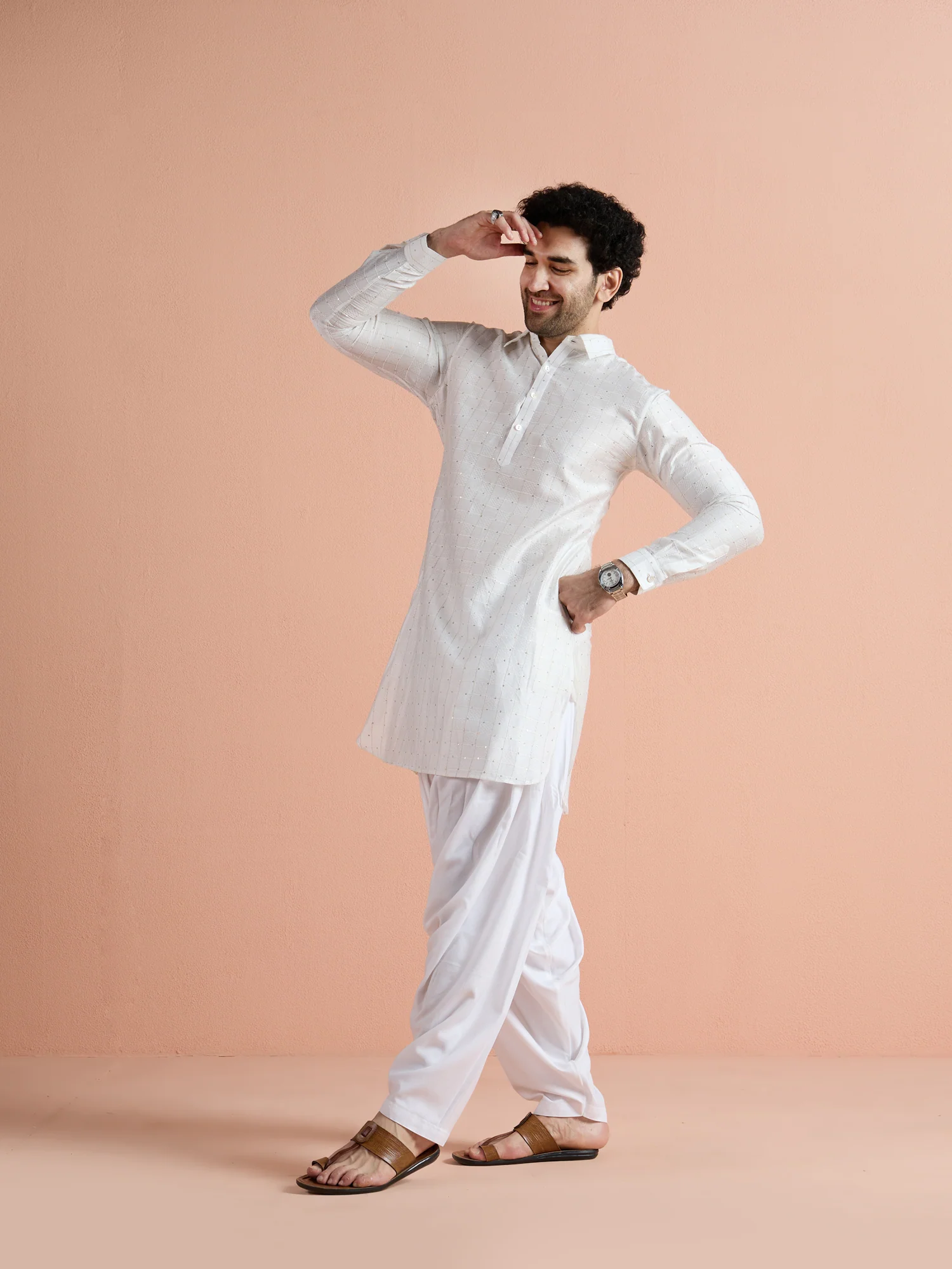 White Viscose Embellished Pathani Kurta - Image 4