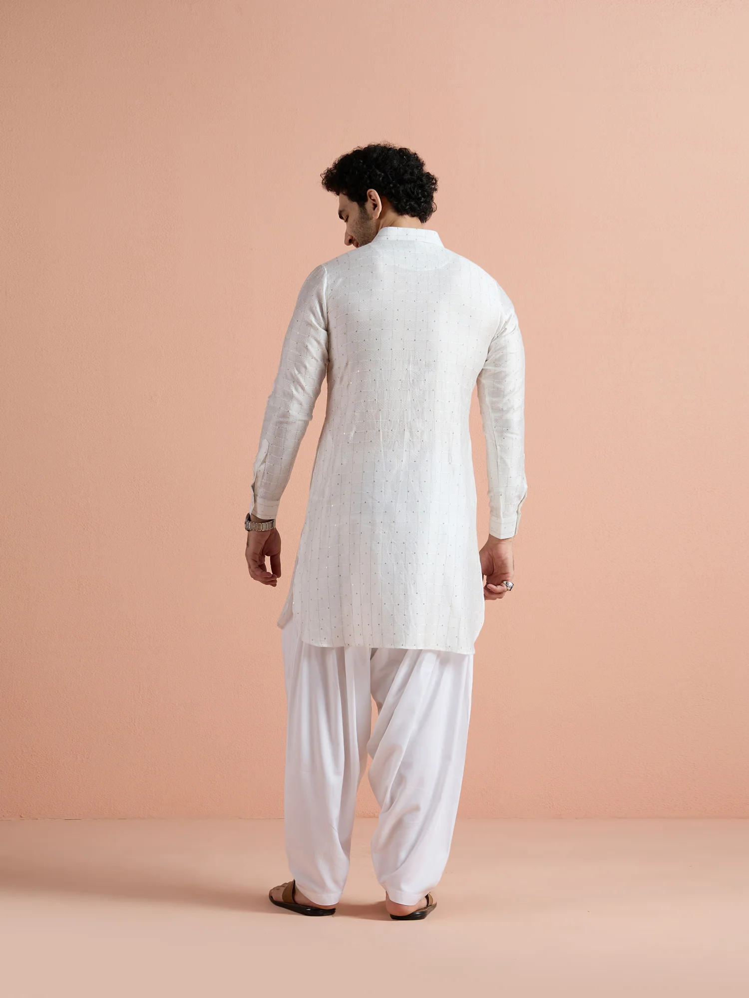 White Viscose Embellished Pathani Kurta - Image 5