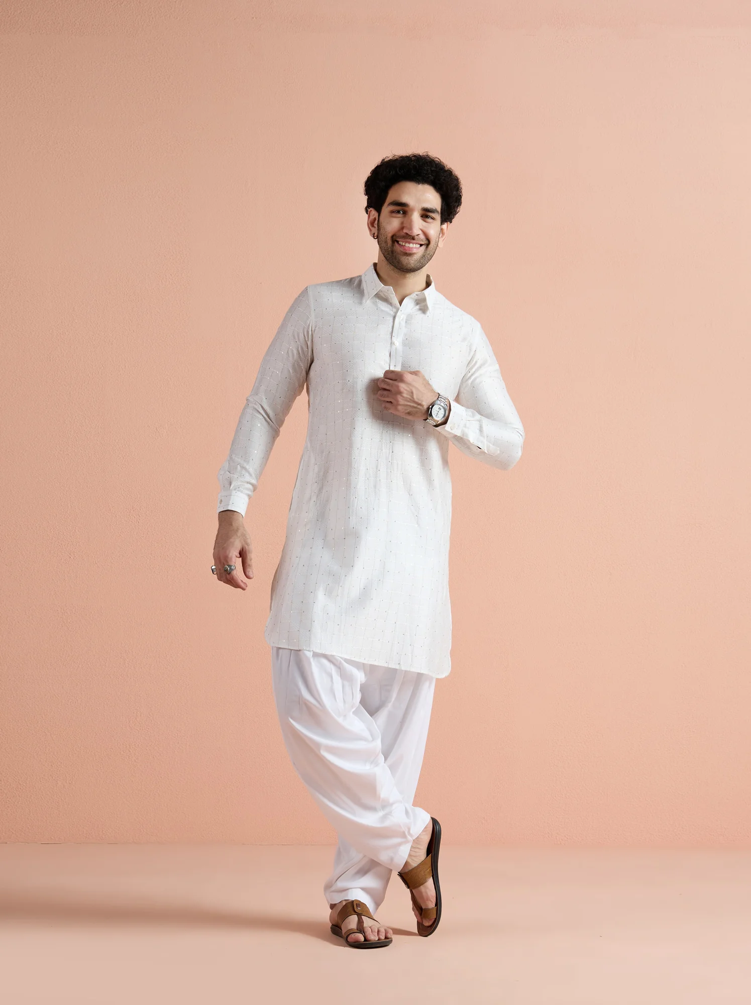 White Viscose Embellished Pathani Kurta - Image 8