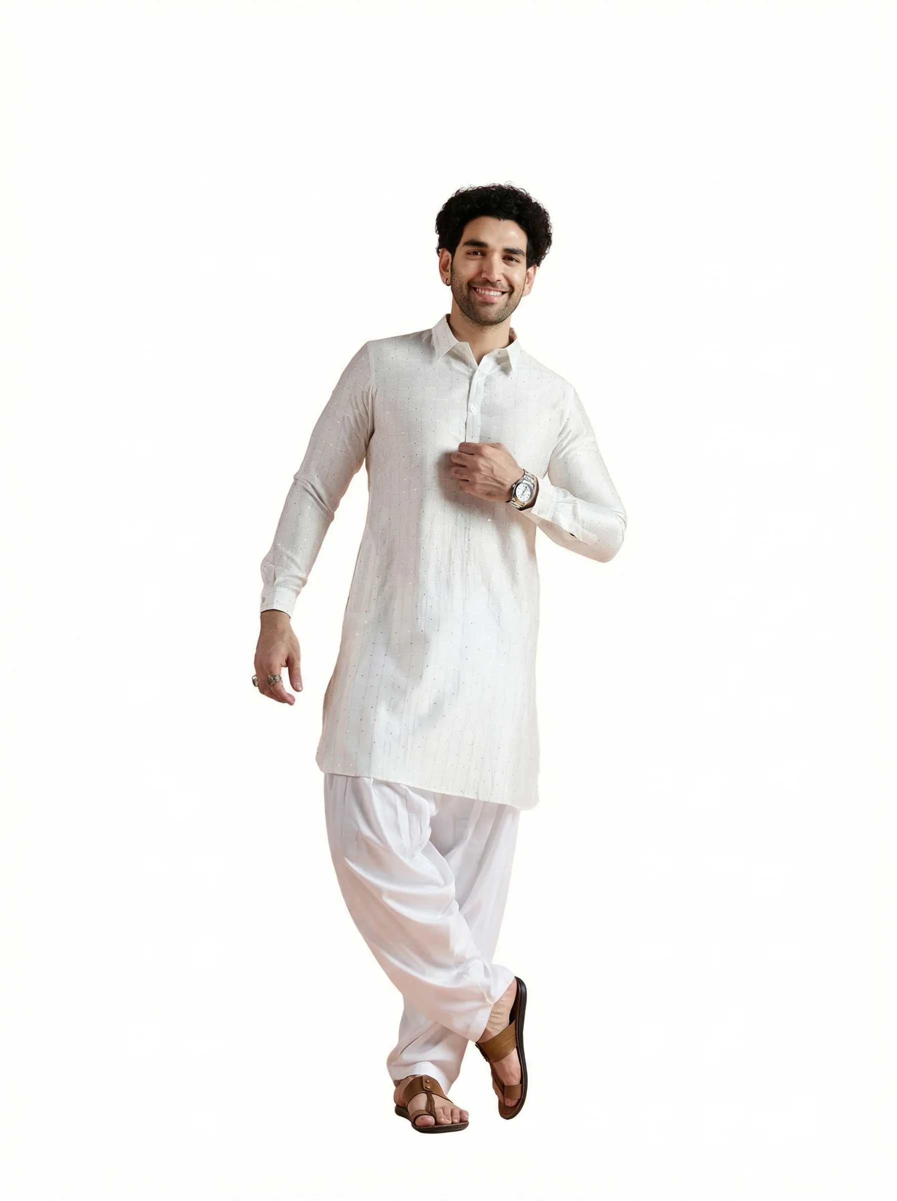 White Viscose Embellished Pathani Kurta - Image 9