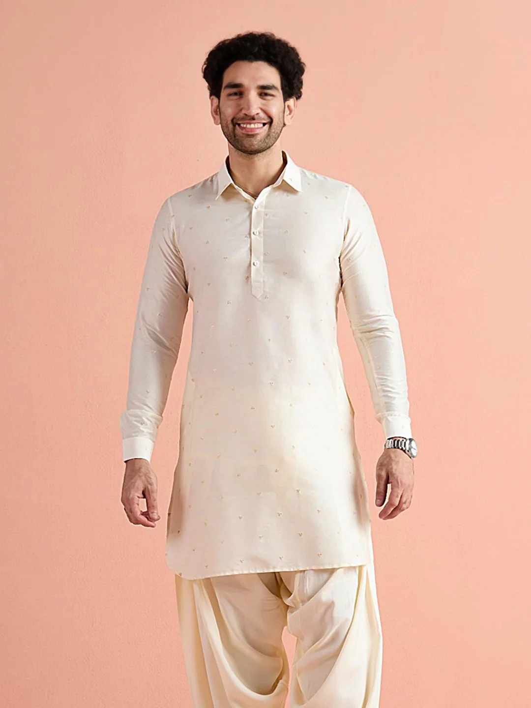 White Viscose Embellished Pathani Kurta Patiyala Set - Image 10