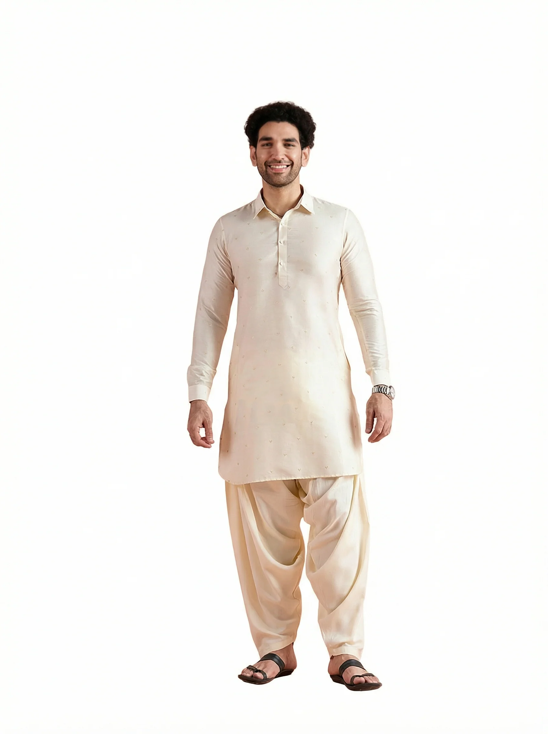 White Viscose Embellished Pathani Kurta Patiyala Set - Image 11