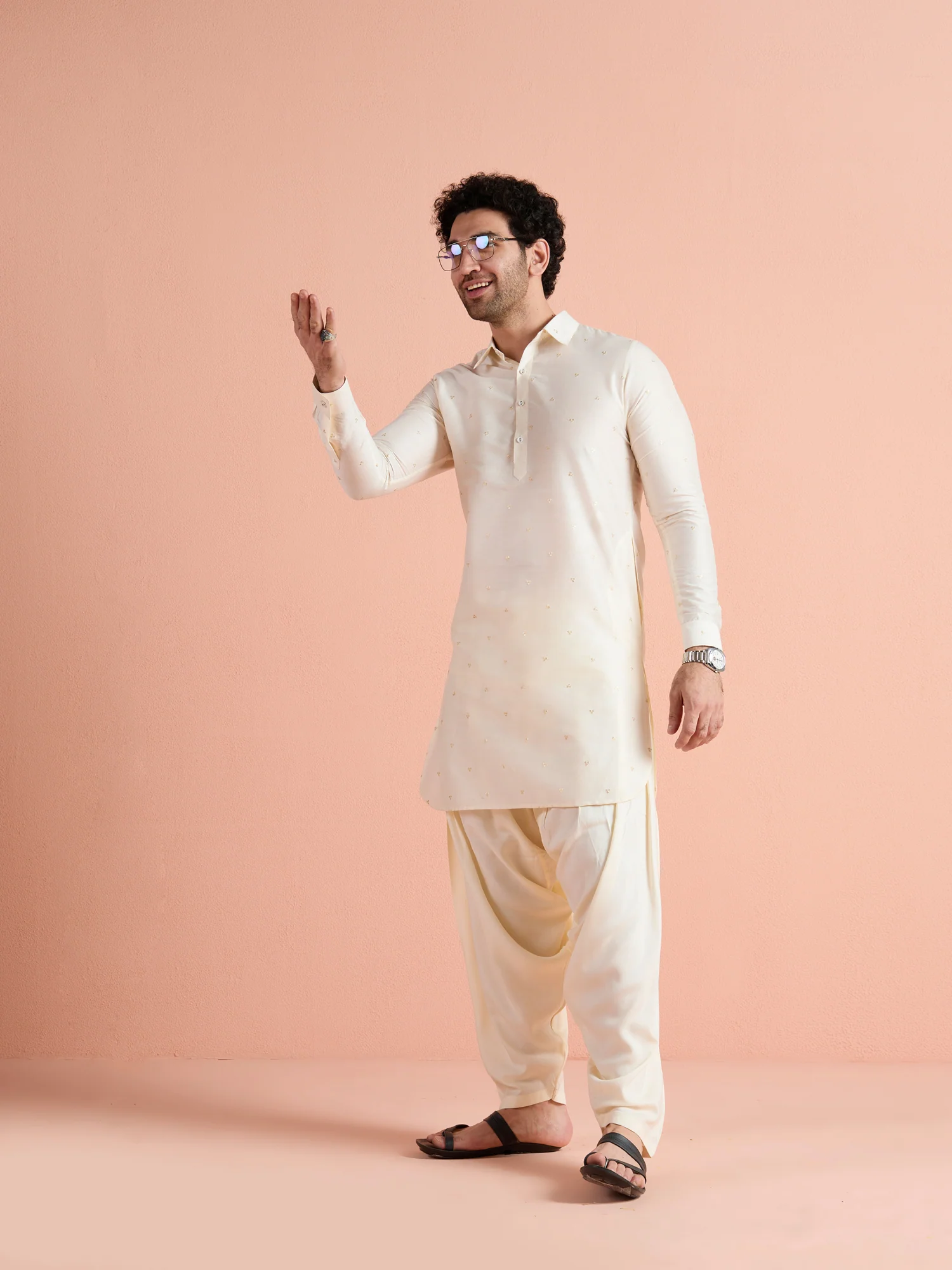 White Viscose Embellished Pathani Kurta Patiyala Set - Image 3