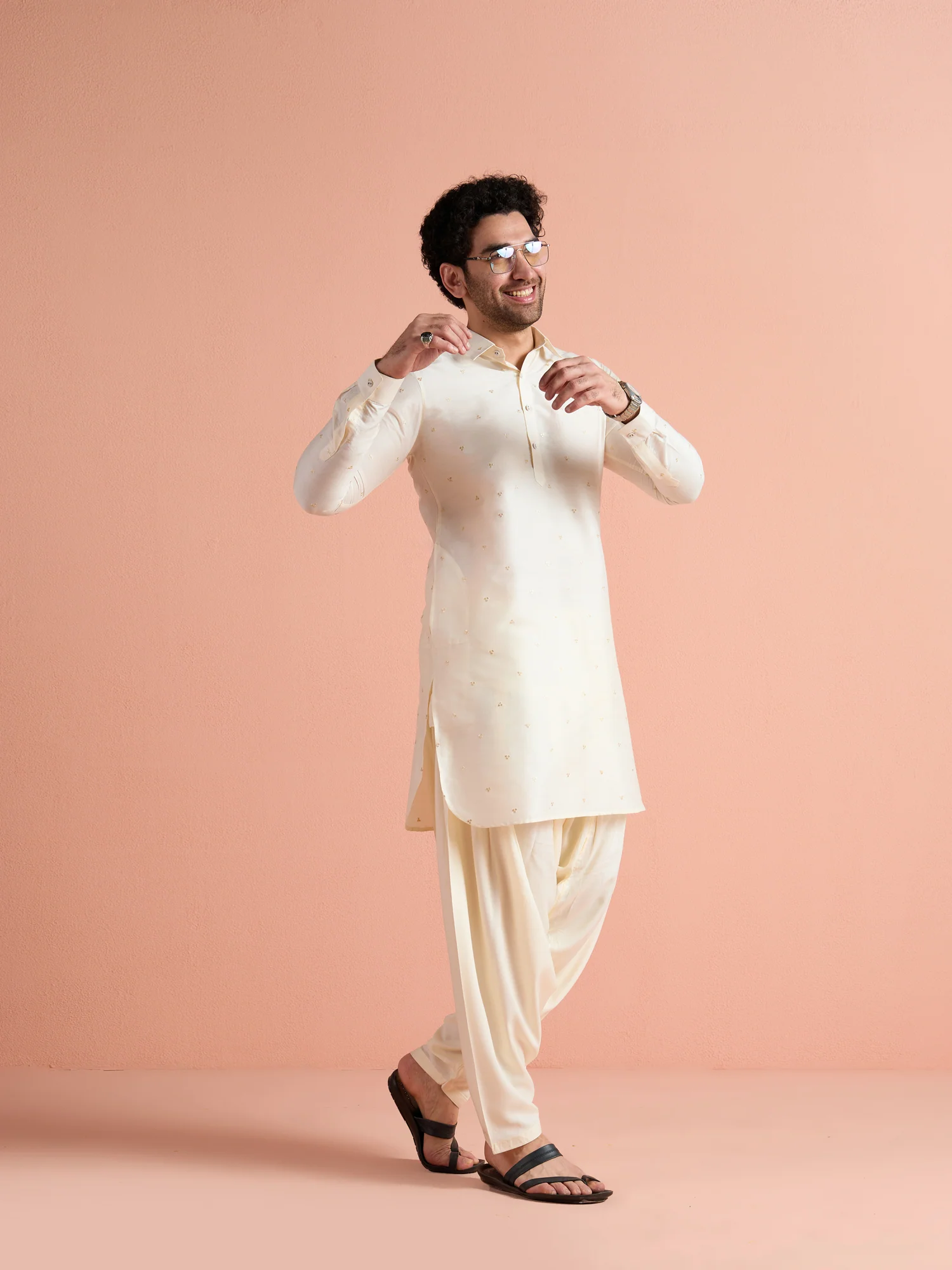 White Viscose Embellished Pathani Kurta Patiyala Set - Image 4