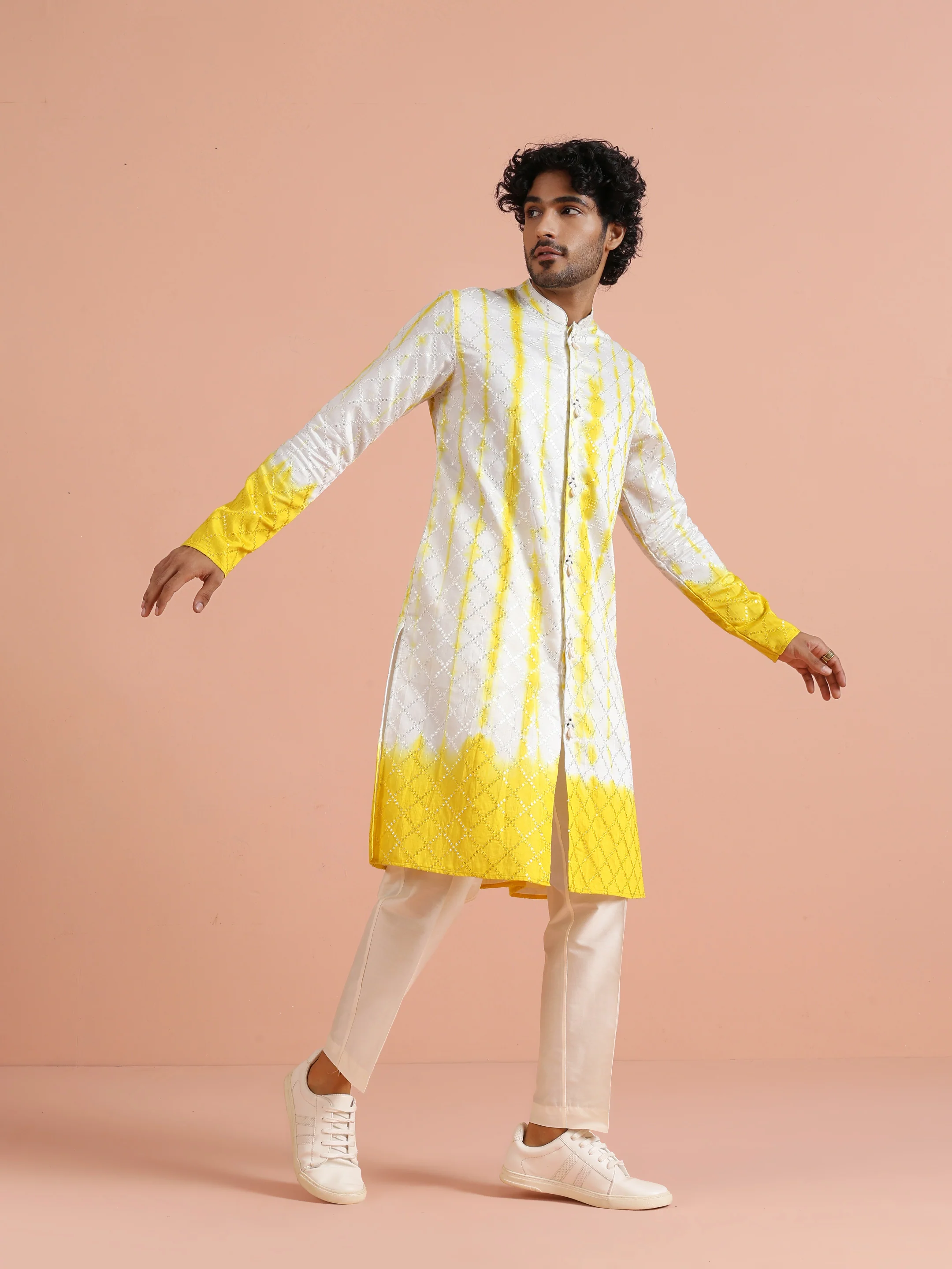 White Yellow Chanderi Ombre Kurta Trouser Set - Image 3