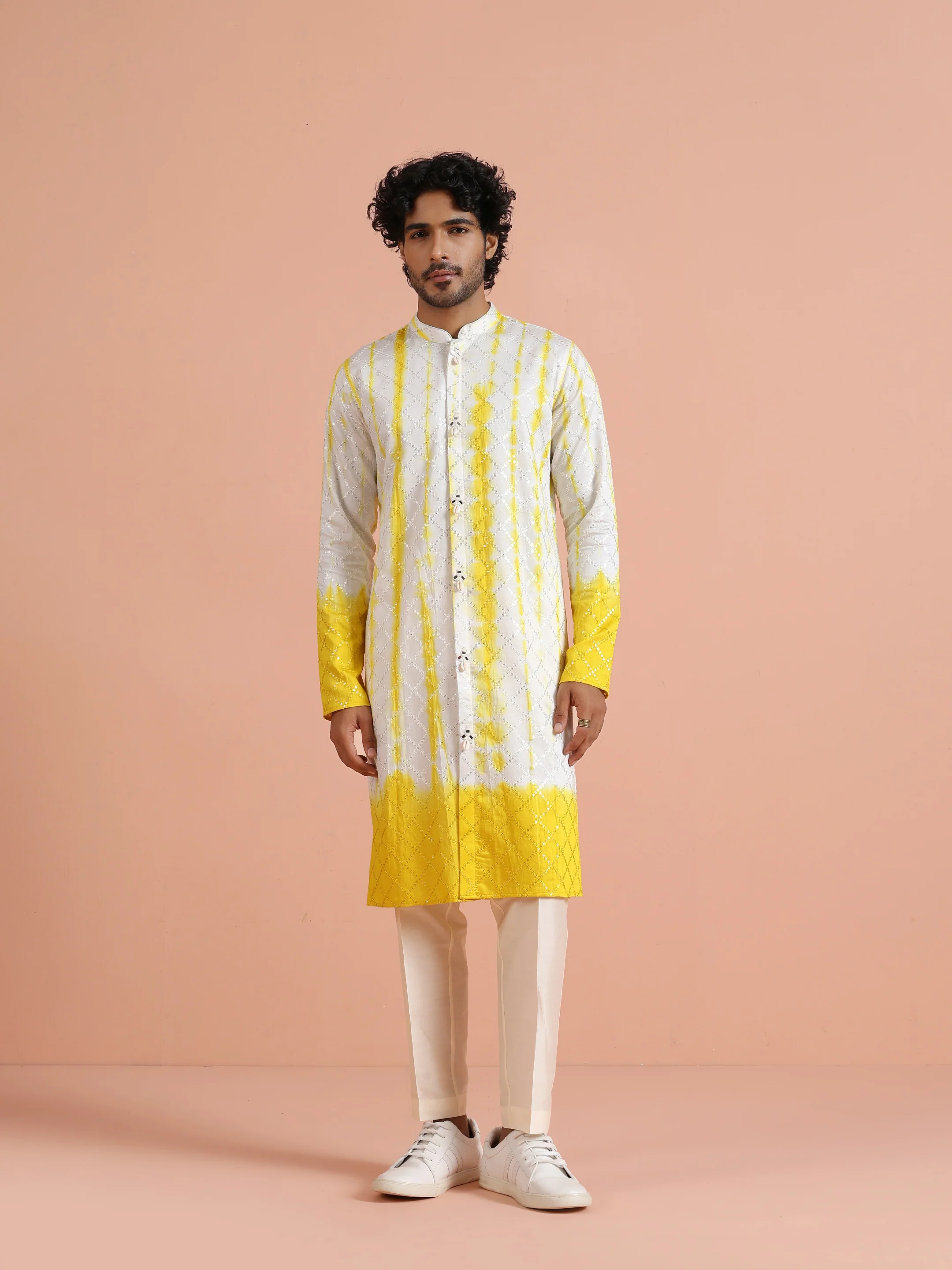 White Yellow Chanderi Ombre Kurta Trouser Set - Image 7