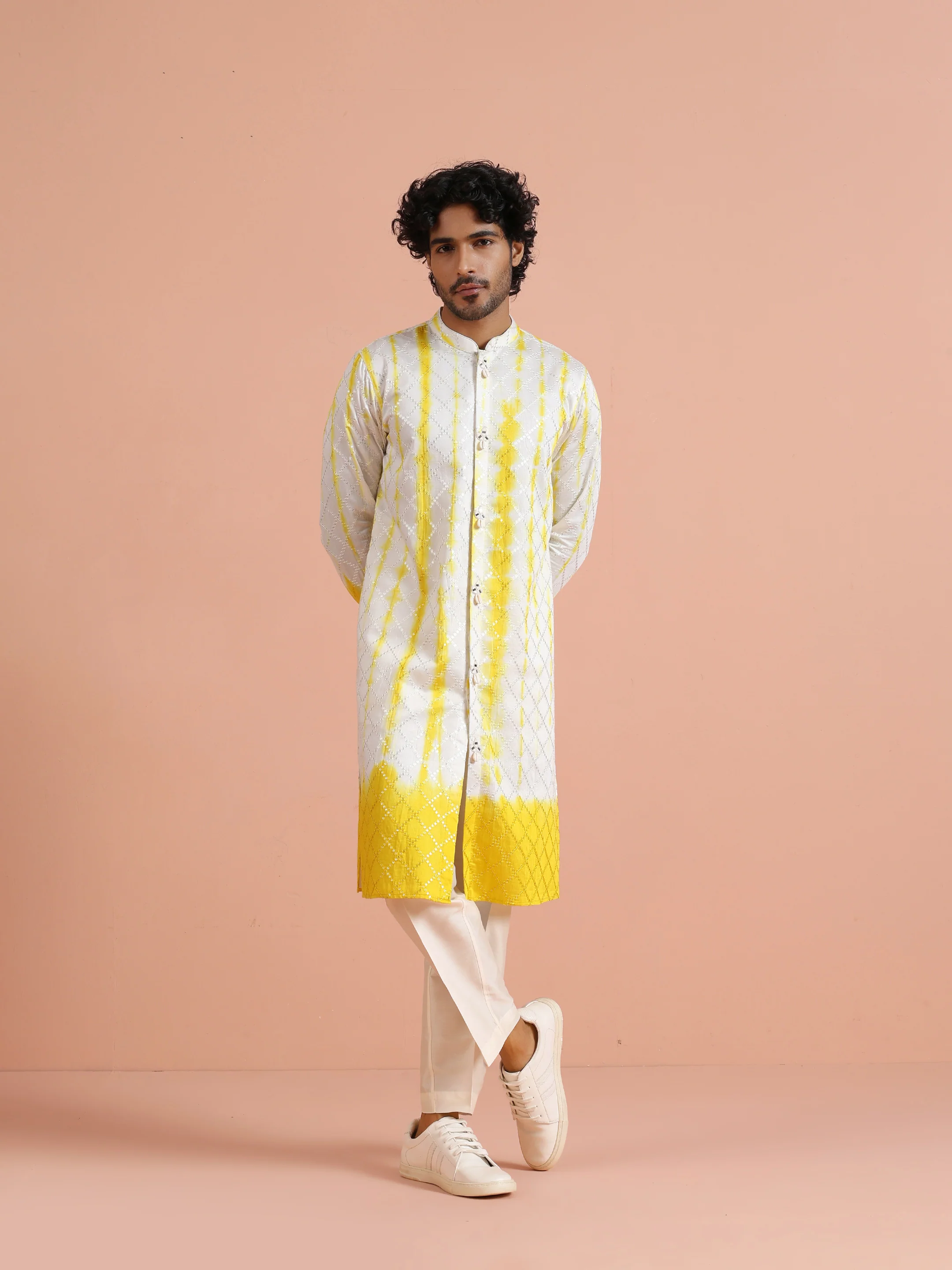 White Yellow Chanderi Ombre Kurta Trouser Set - Image 8