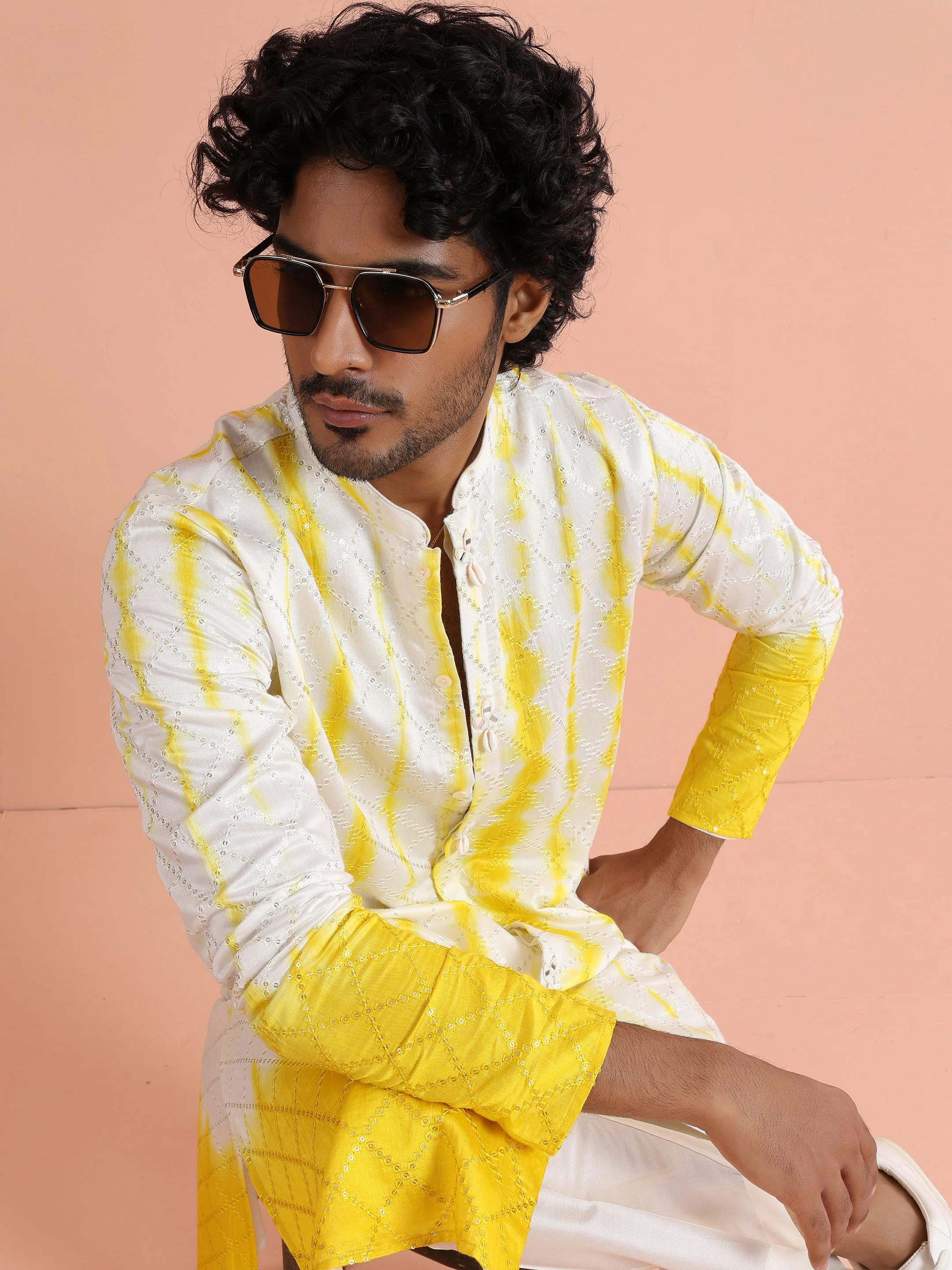 White Yellow Chanderi Ombre Kurta Trouser Set - Image 9
