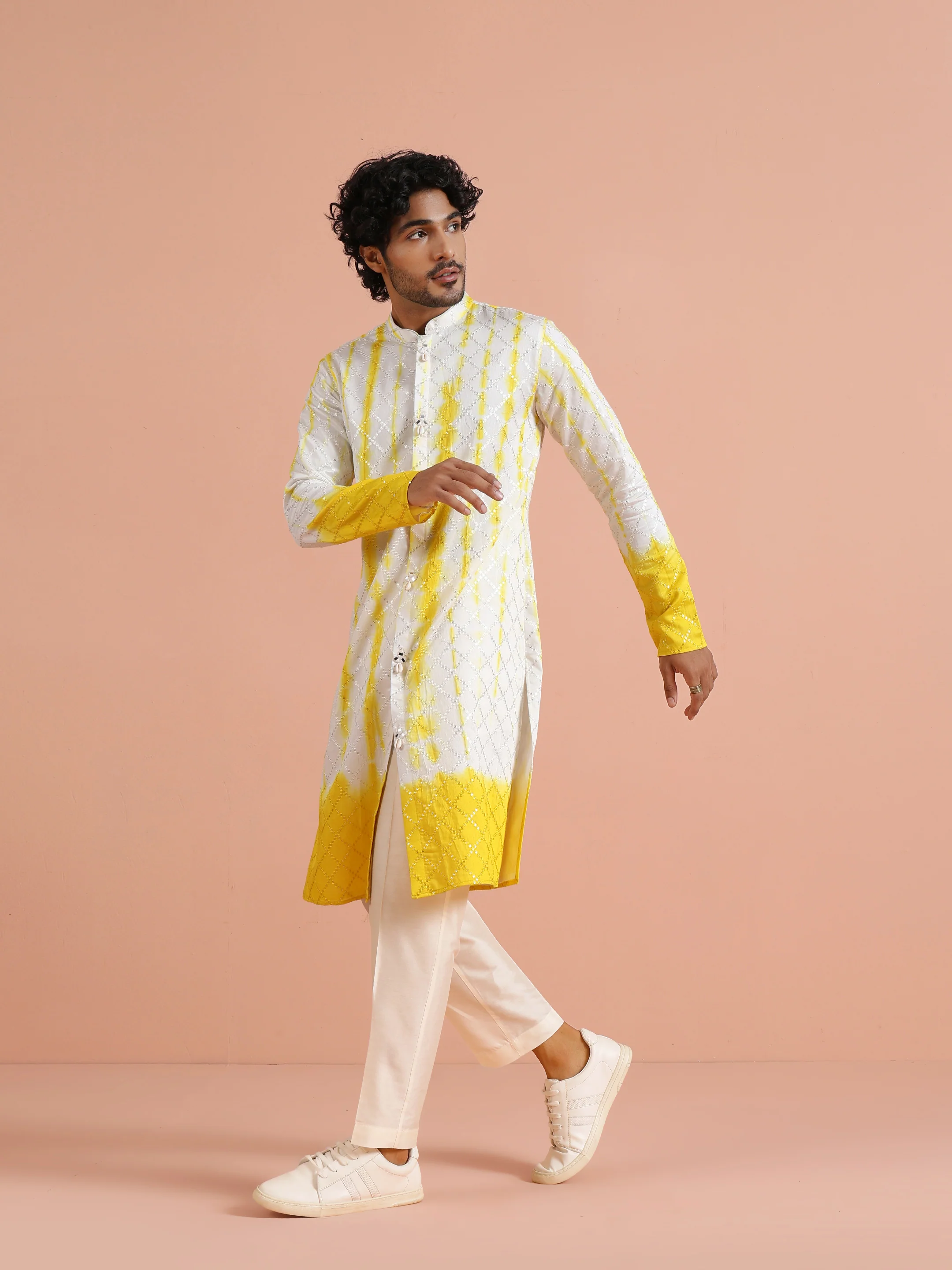 White & Yellow Ombre Printed Kurta - Image 2