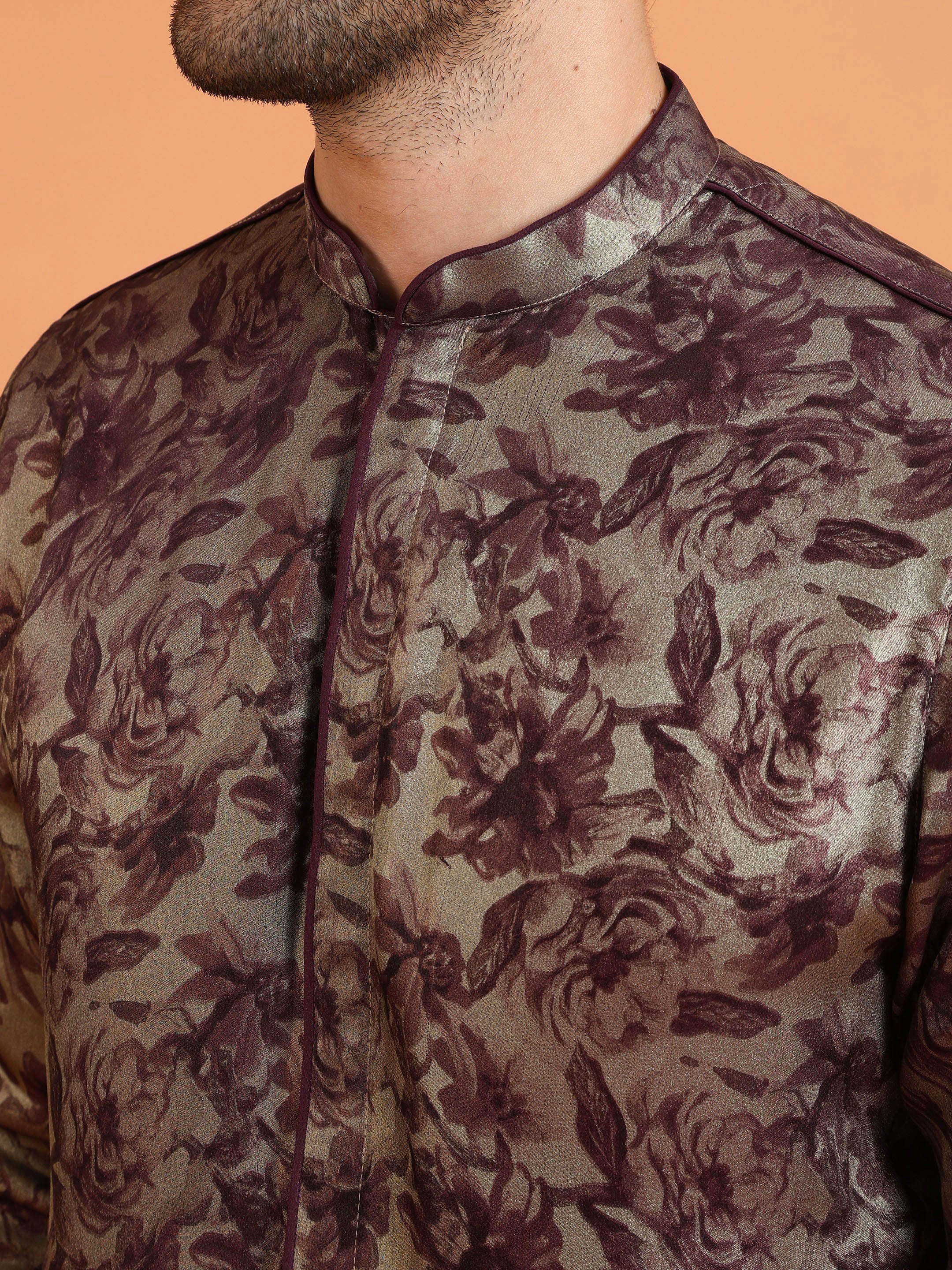 Wine Art Silk Floral Front Open Mid Kurta - Image 5