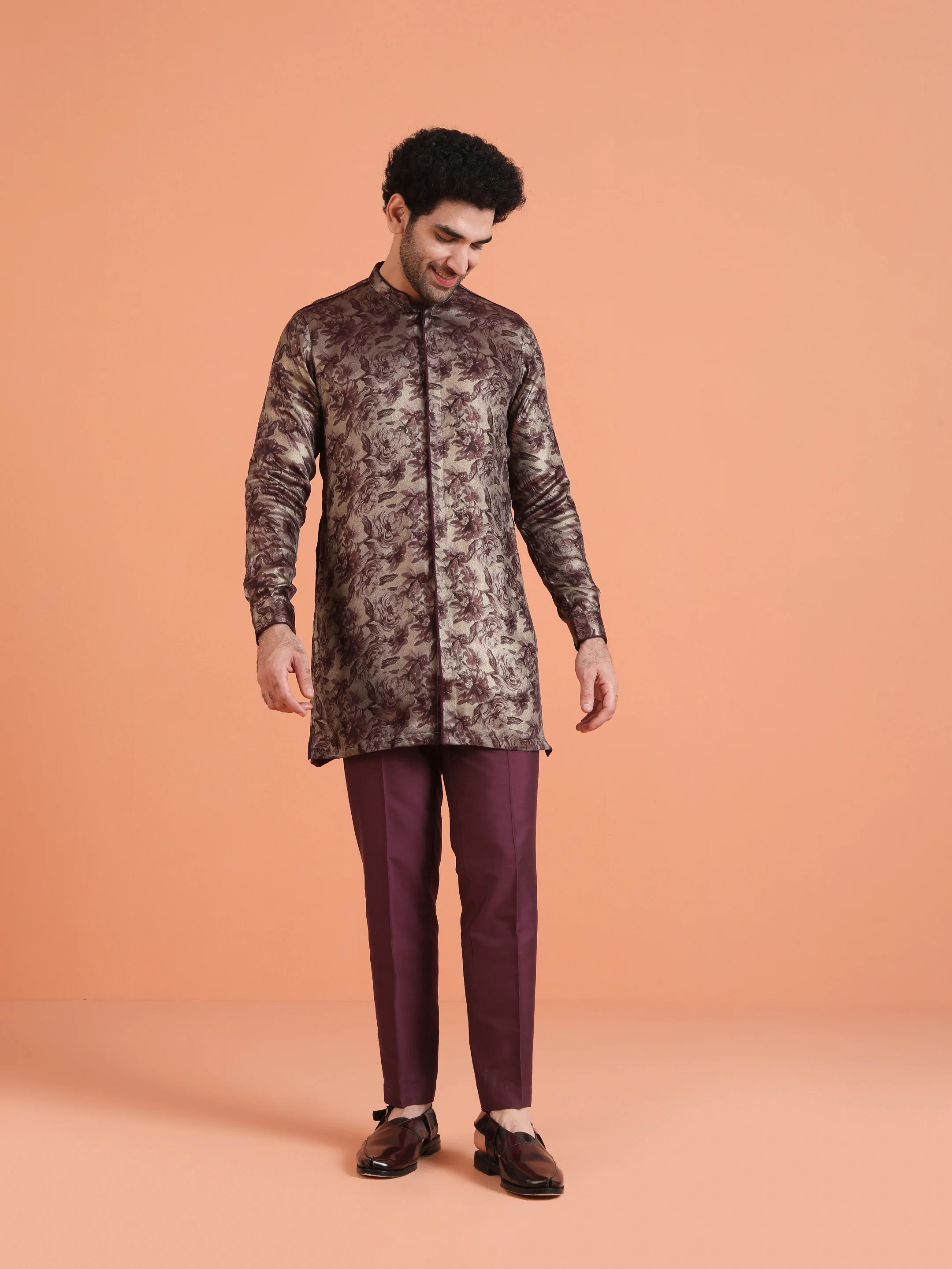Wine Art Silk Floral Front Open Mid Kurta - Image 6
