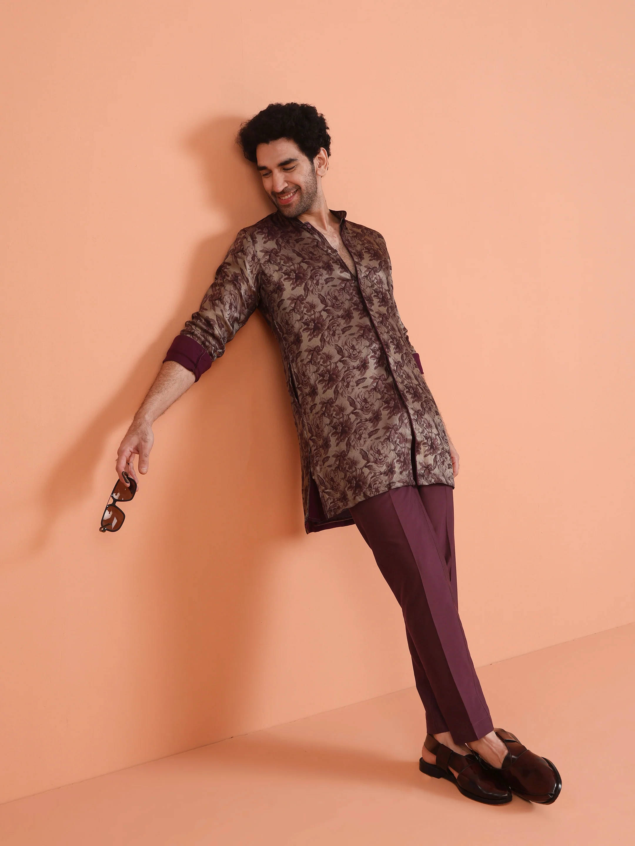 Wine Art Silk Floral Front Open Mid Kurta - Image 7
