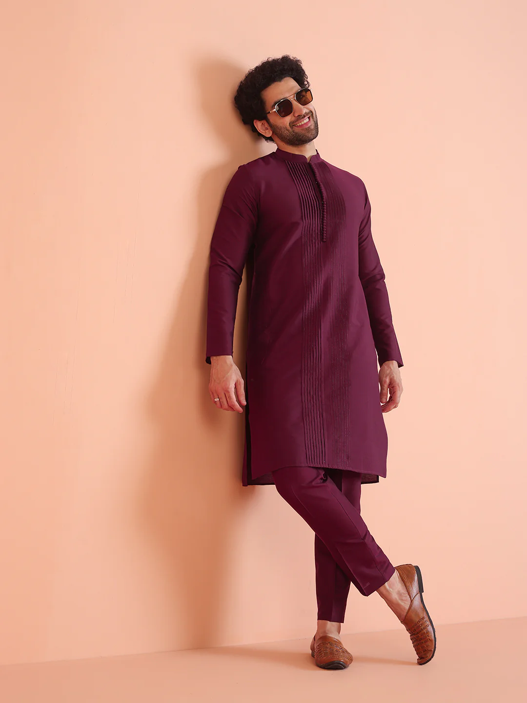 Wine Cotton Blend Pleated Kurta - Image 2