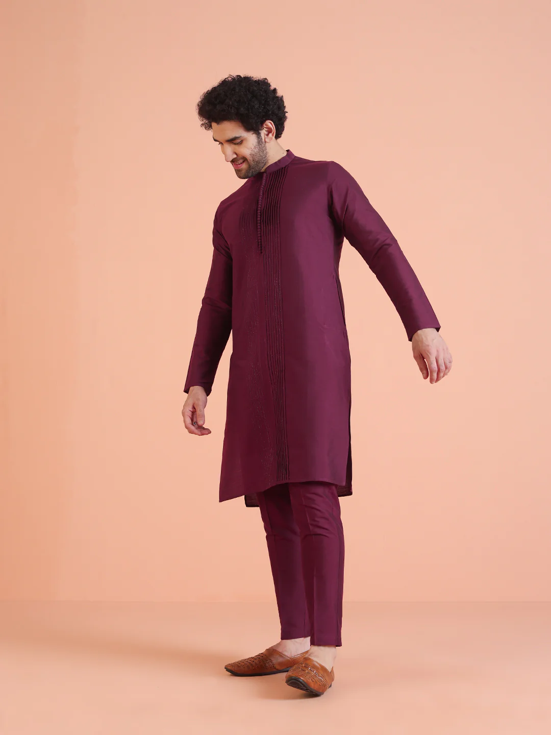 Wine Cotton Blend Pleated Kurta Trouser Set - Image 3