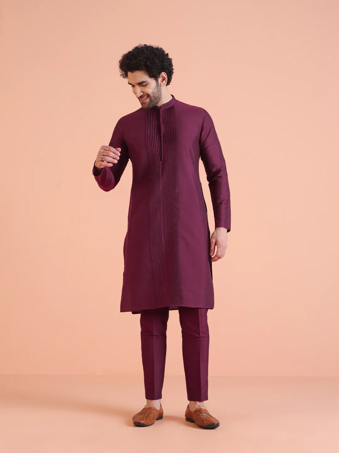 Wine Cotton Blend Pleated Kurta Trouser Set - Image 8