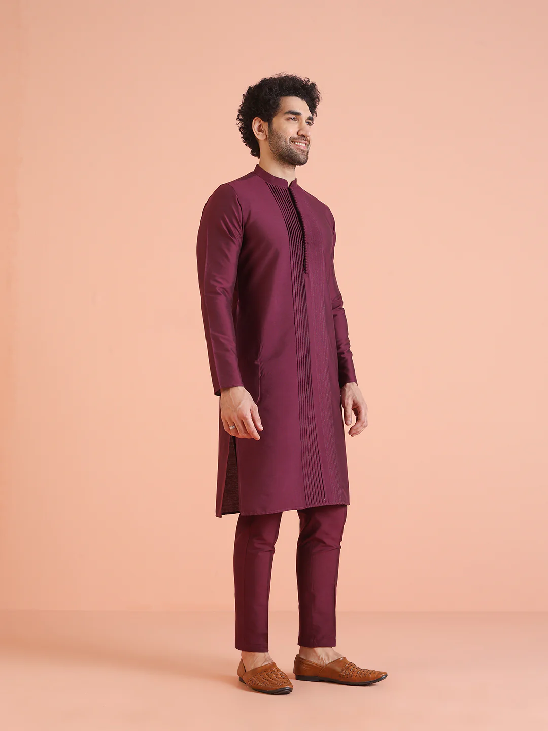 Wine Cotton Blend Pleated Long Kurta - Image 2