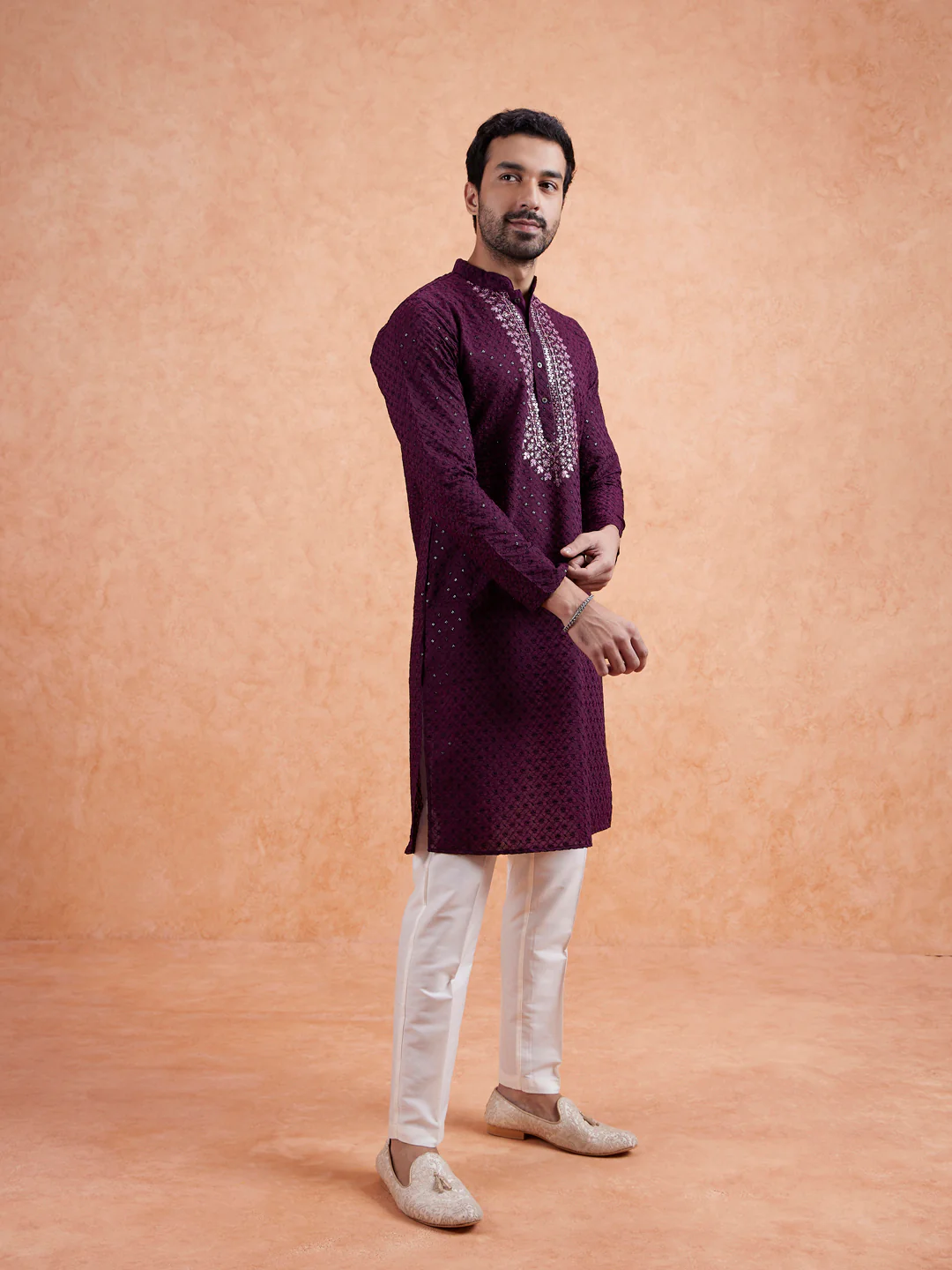 Maroon Sequin Embroidered Kurta Trouser Set - Image 2